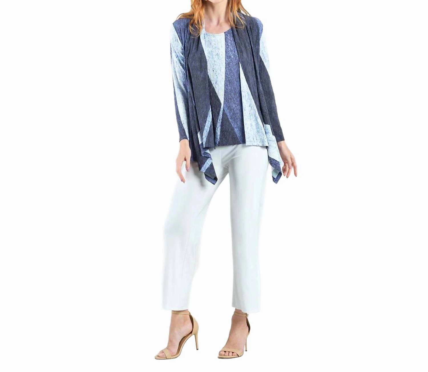2Pc Draped Cardigan & Tank Twinset In Lunar Stripe Comfy Feel Casual Layer