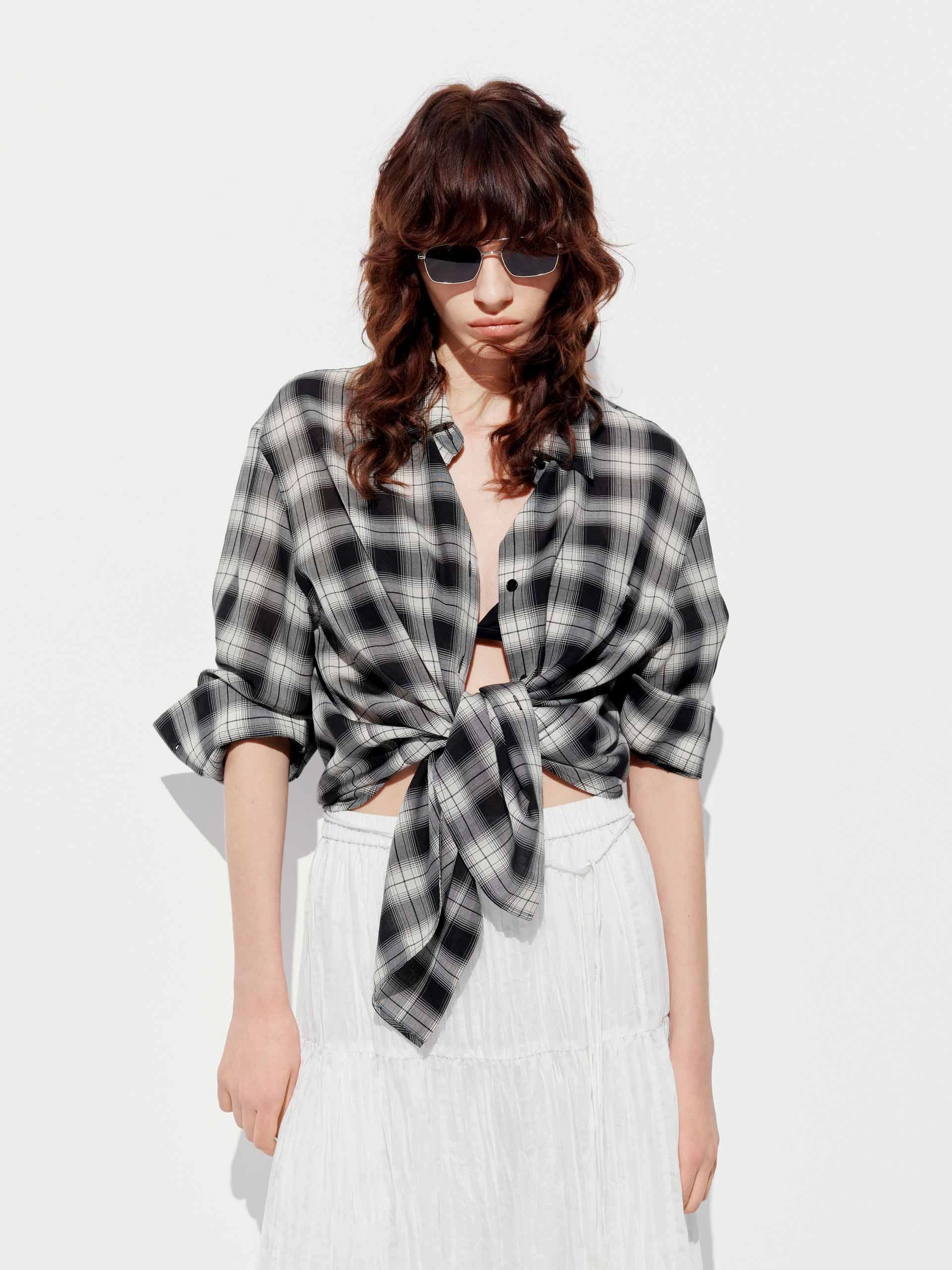 AdjustableDrawstring FlexibleRibbing Checked Long Sleeves Shirt