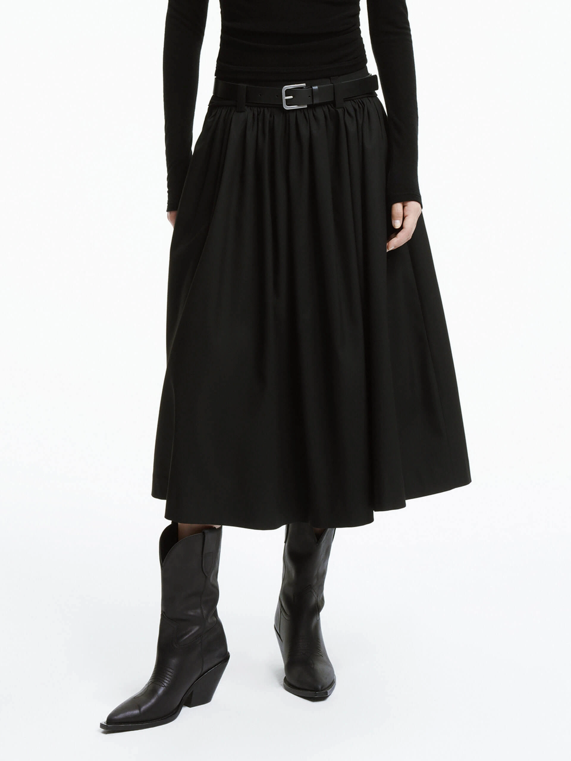 NoBuckleDesign Pull-on style A-line Pleated Skirt with Belt