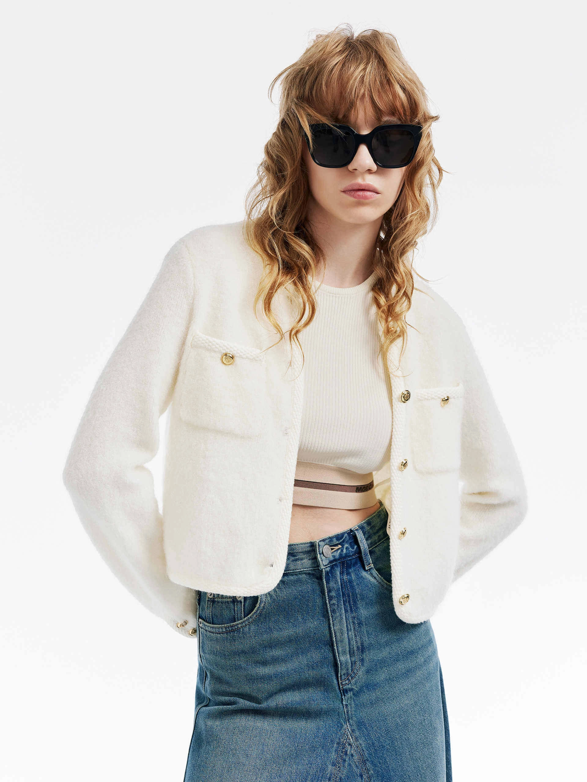 Rolled Hem Finish Metal Button Boxy Cardigan