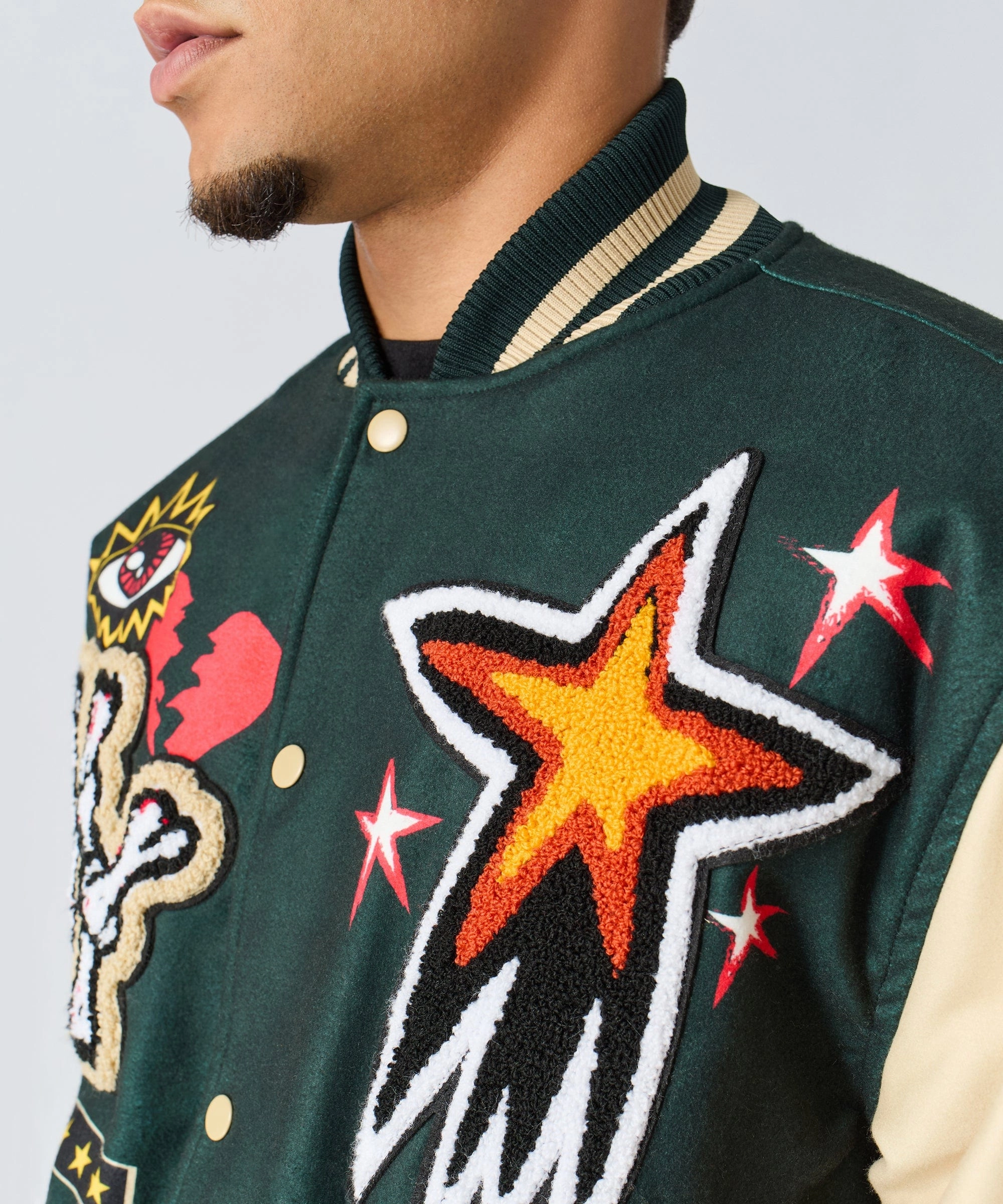 Hypoallergenic Interior Layer Super Fly Chenille Patched Varsity Jacket - Green