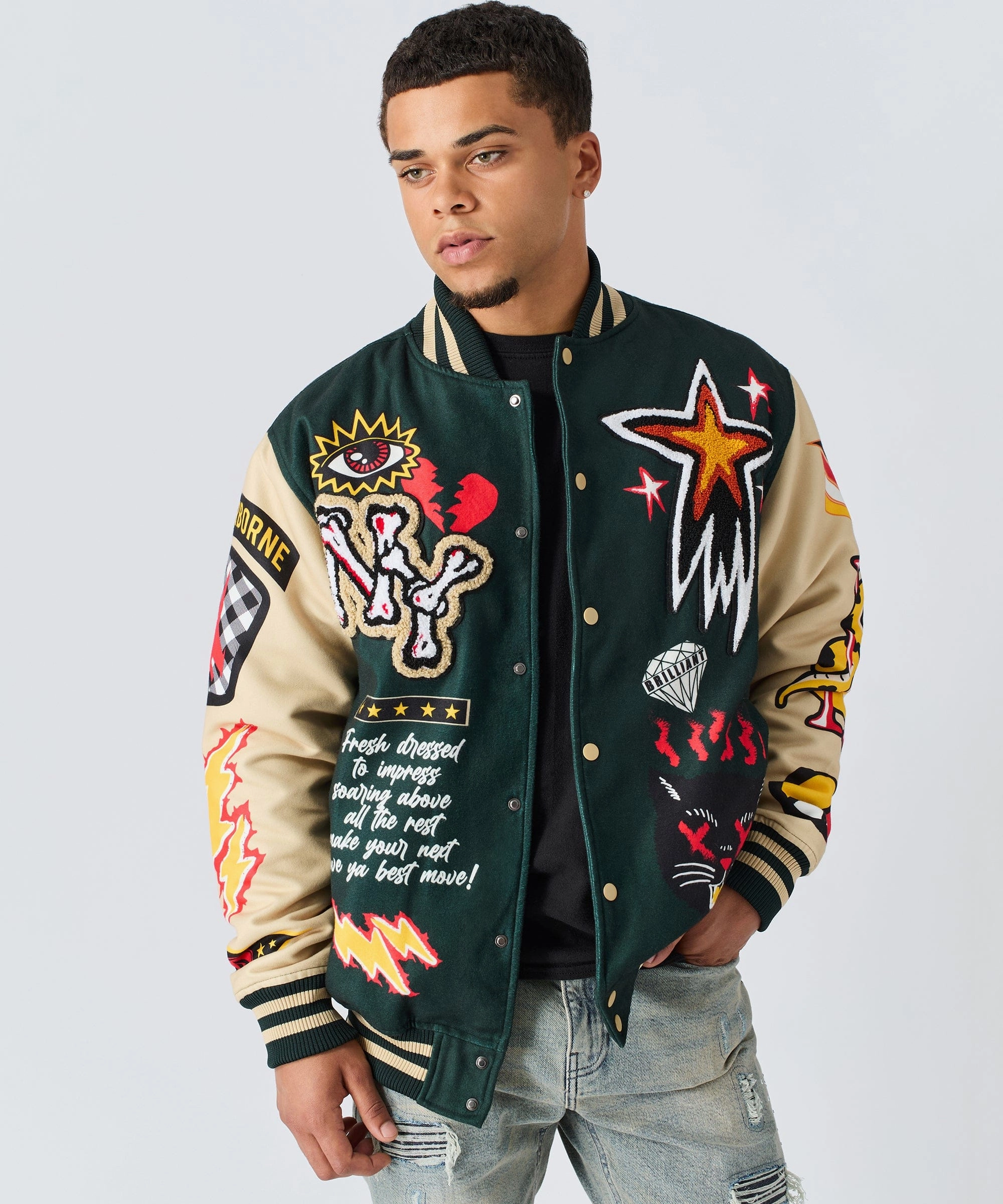 Seamless Knit Cuffs Super Fly Chenille Patched Varsity Jacket - Green