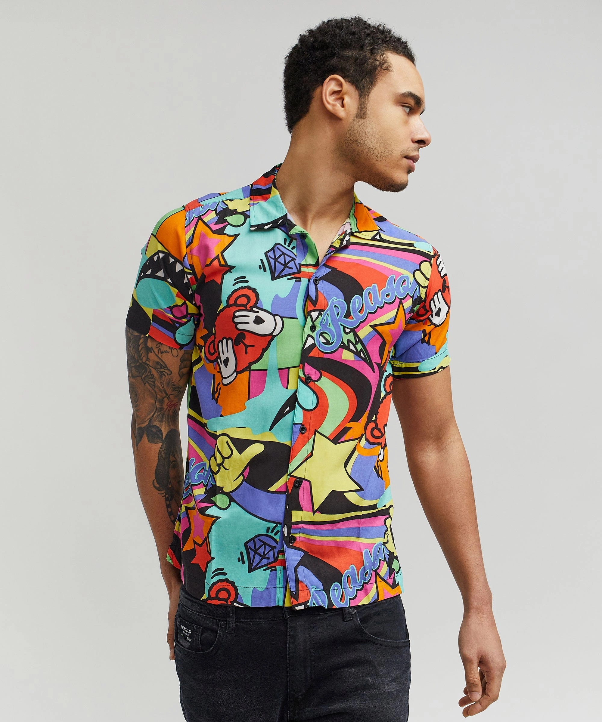 Trippy Star Allover Print Short Sleeve Shirt Double Layered Fabric