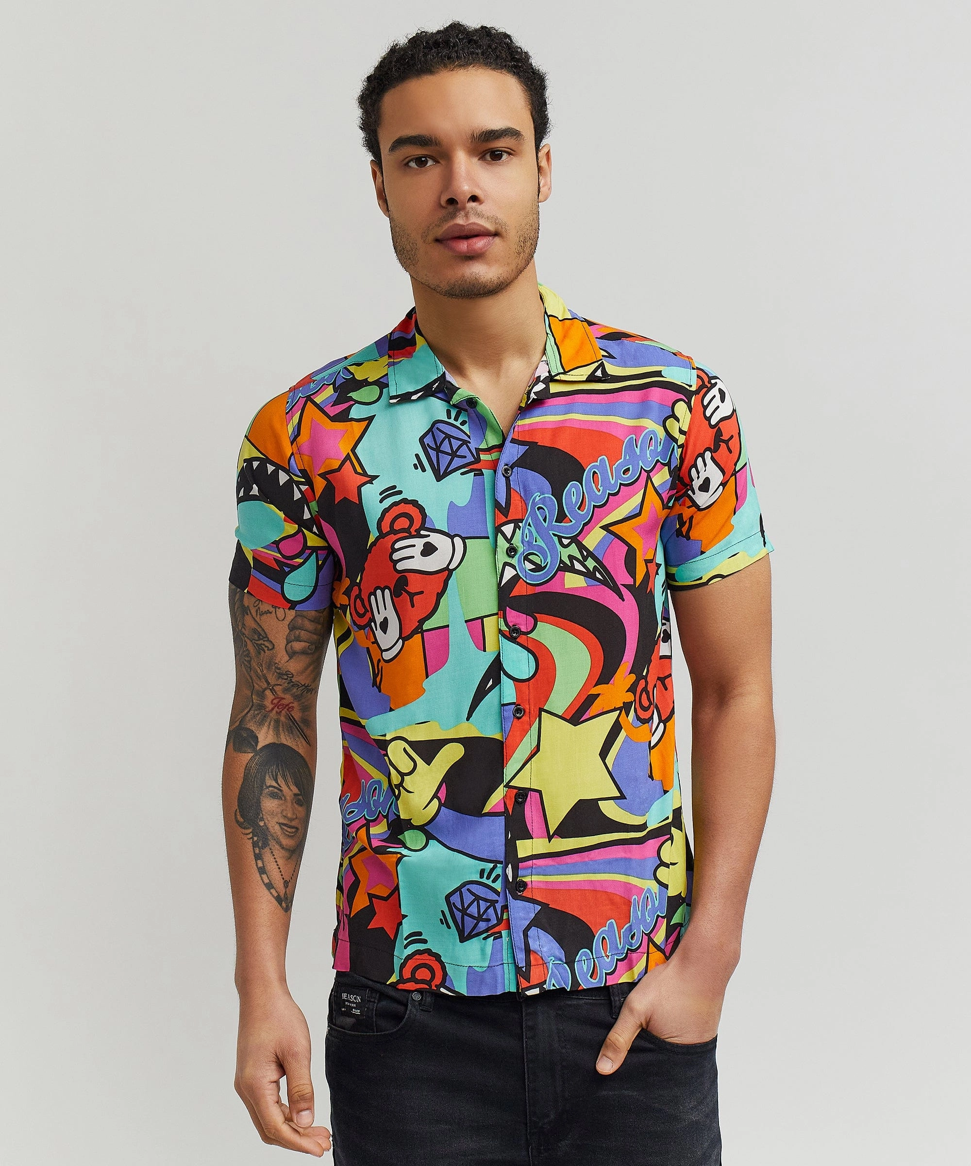 WrinkleResistant Fabric Shrinkage Prevention Treatment Trippy Star Allover Print Short Sleeve Shirt