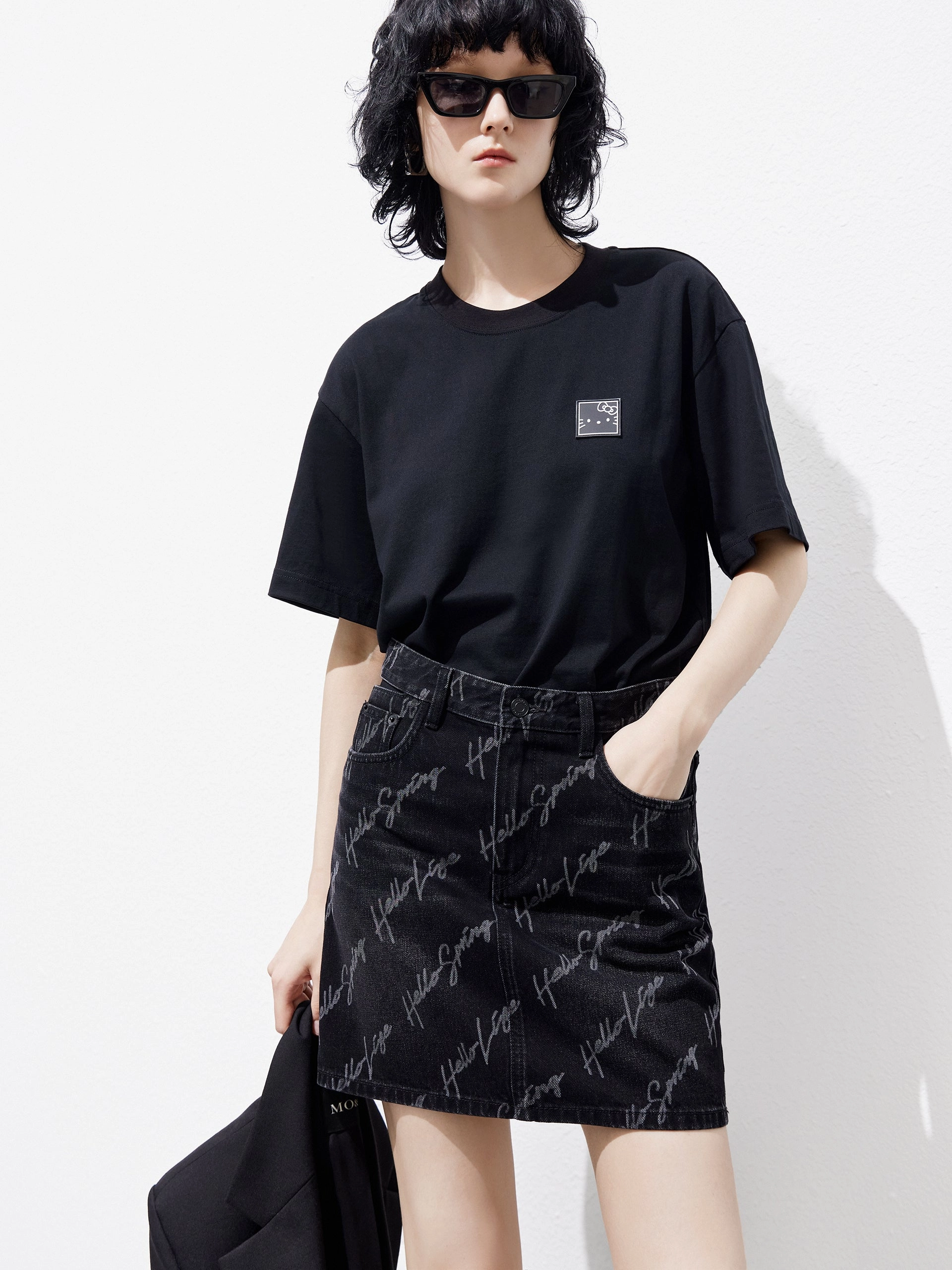 Neutral Shade Deconstruct Letter Print Denim Skirt