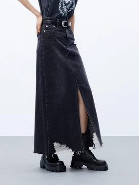 Essential Look Ventilated Mesh Lining Maxi Raw Hem Denim Skirt