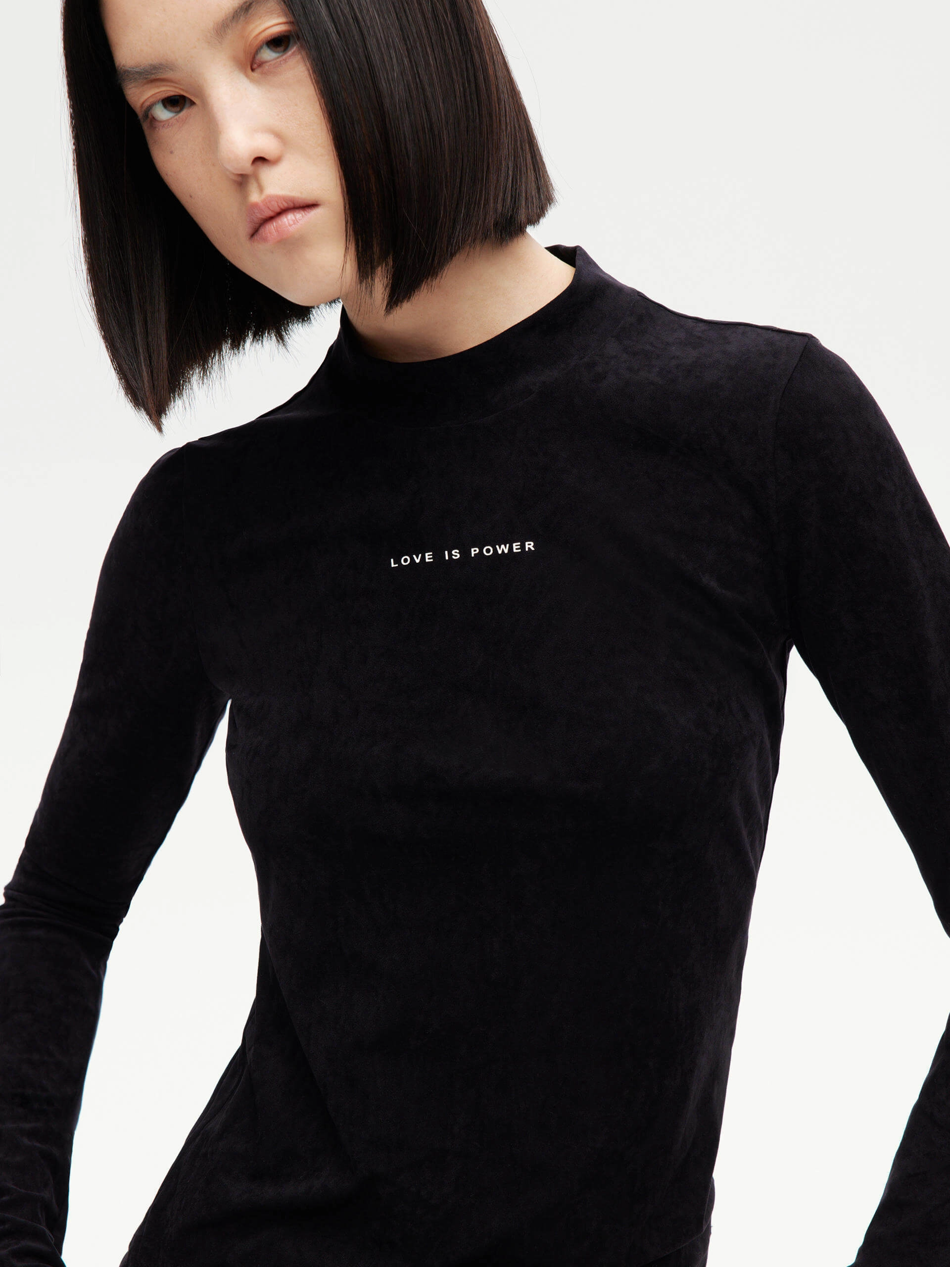 Soft Texture QuickRelease Letter Print High Collar Top