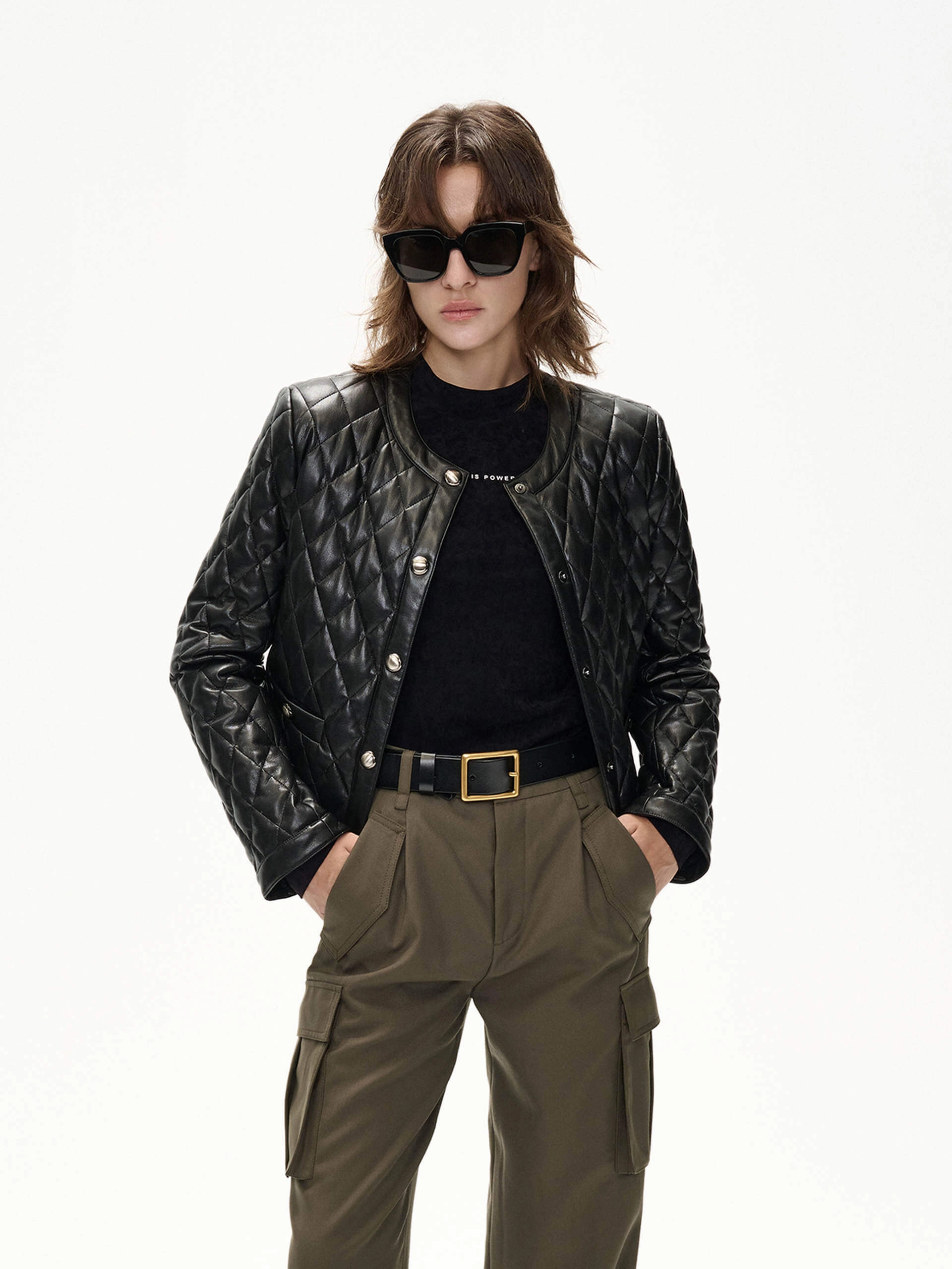 Cropped Leather Puffer Jacket Multi Pocket Functionality Convertible Sleeves