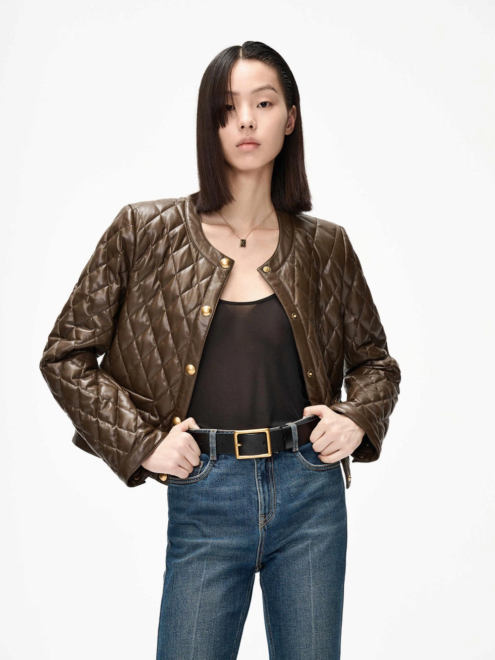 Anti Slip Shoulder Cropped Leather Puffer Jacket