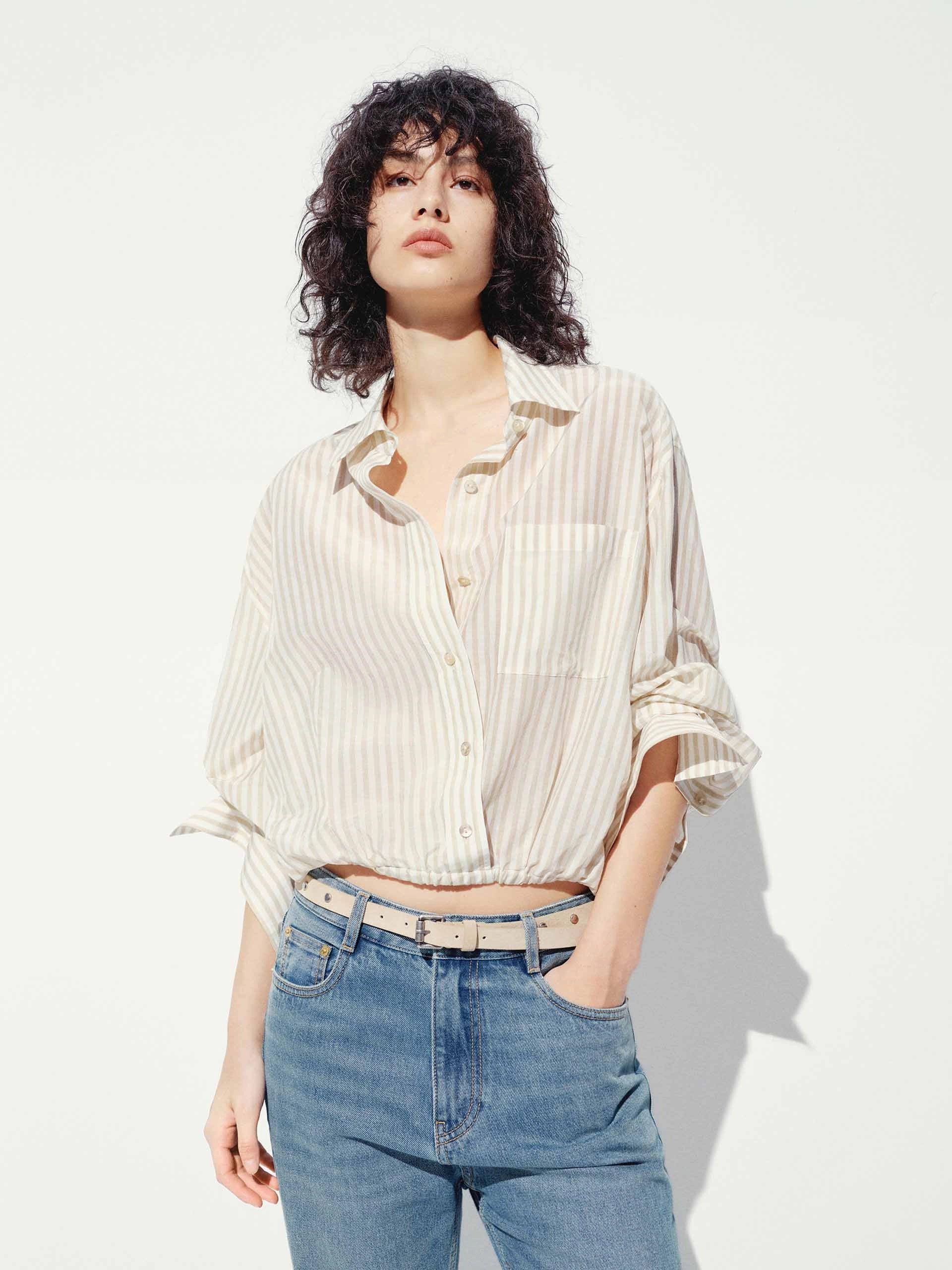 Cropped Striped Blouse Low Profile Seaming
