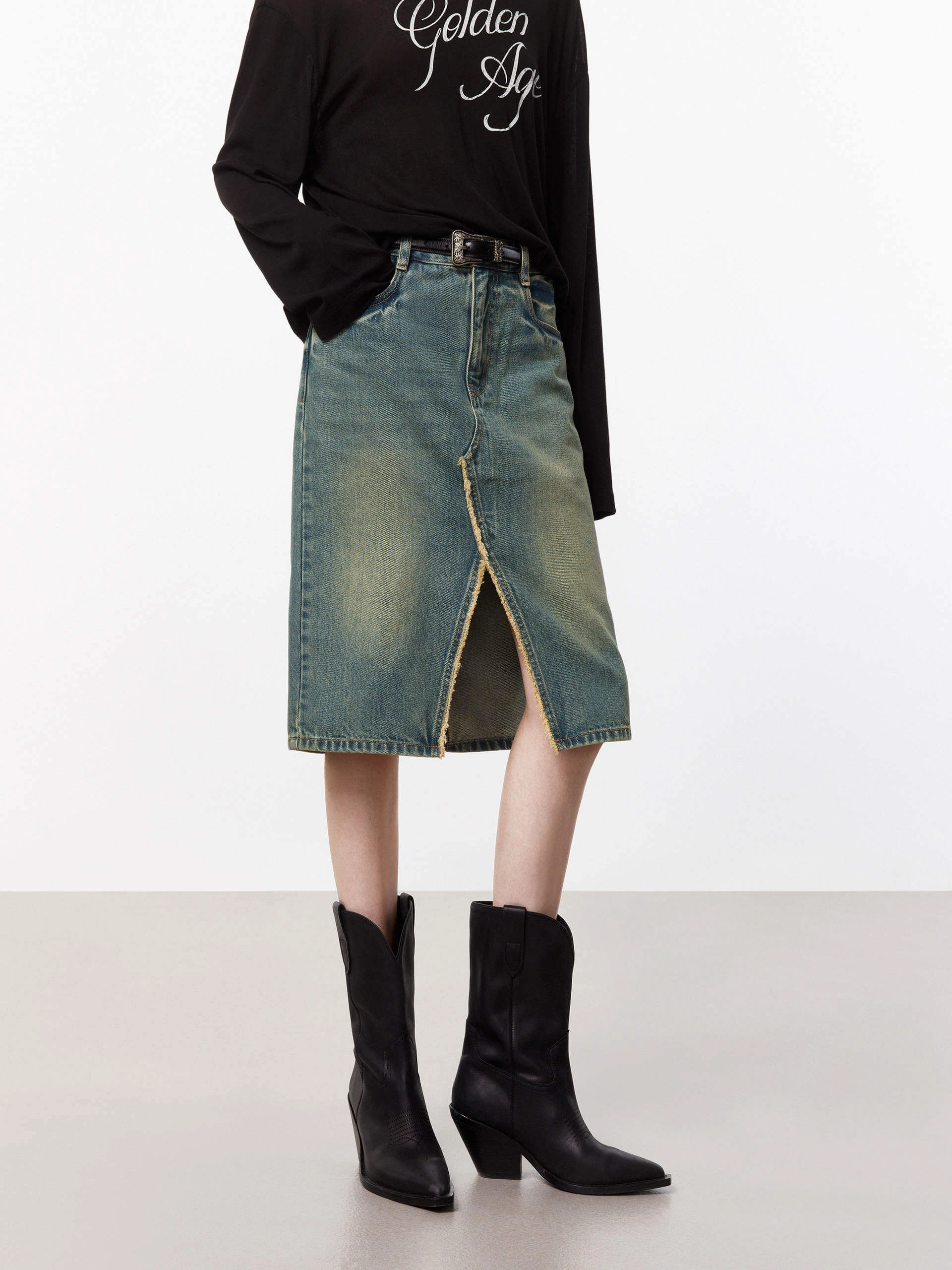 Slit Detailed Denim Skirt Double Layered Hem Basic Stretch
