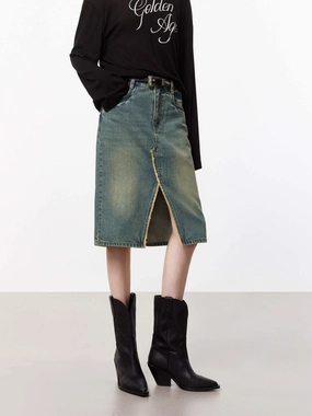 Flat Lock Seams Slit Detailed Denim Skirt