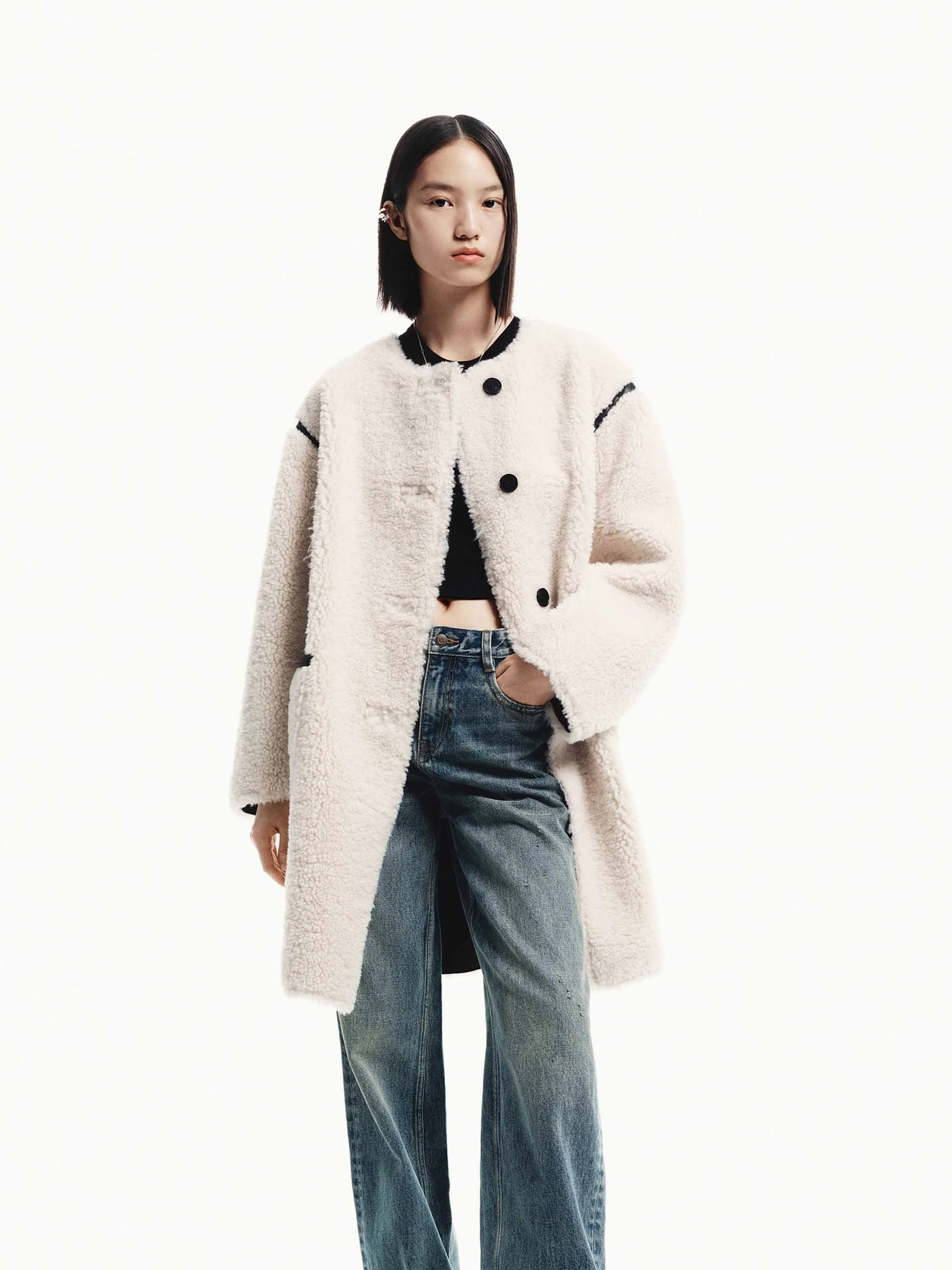 NoiseFreeMaterial Tear Resistant Faux Shearling Midi Coat