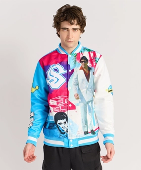 DoubleLayeredHem Adjustable Cuff System Scarface Retro Varsity Jacket - Blue