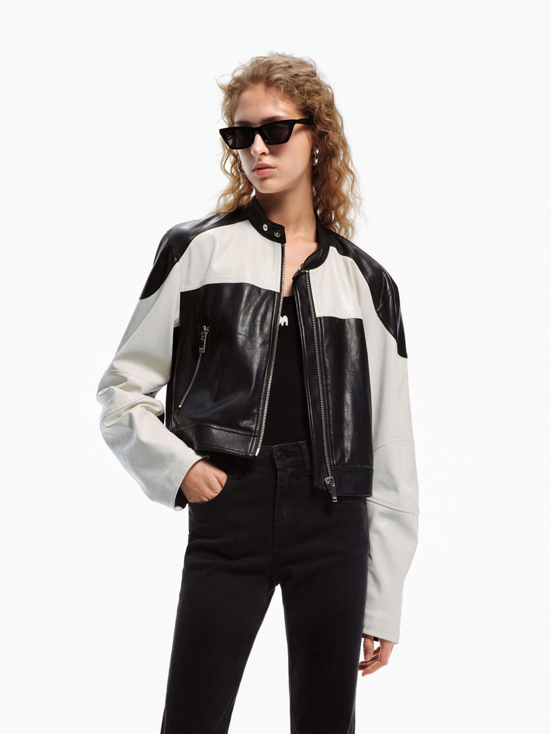 Flexible Joint Mobility Basic Essential Layer PU Leather Contrast Jacket