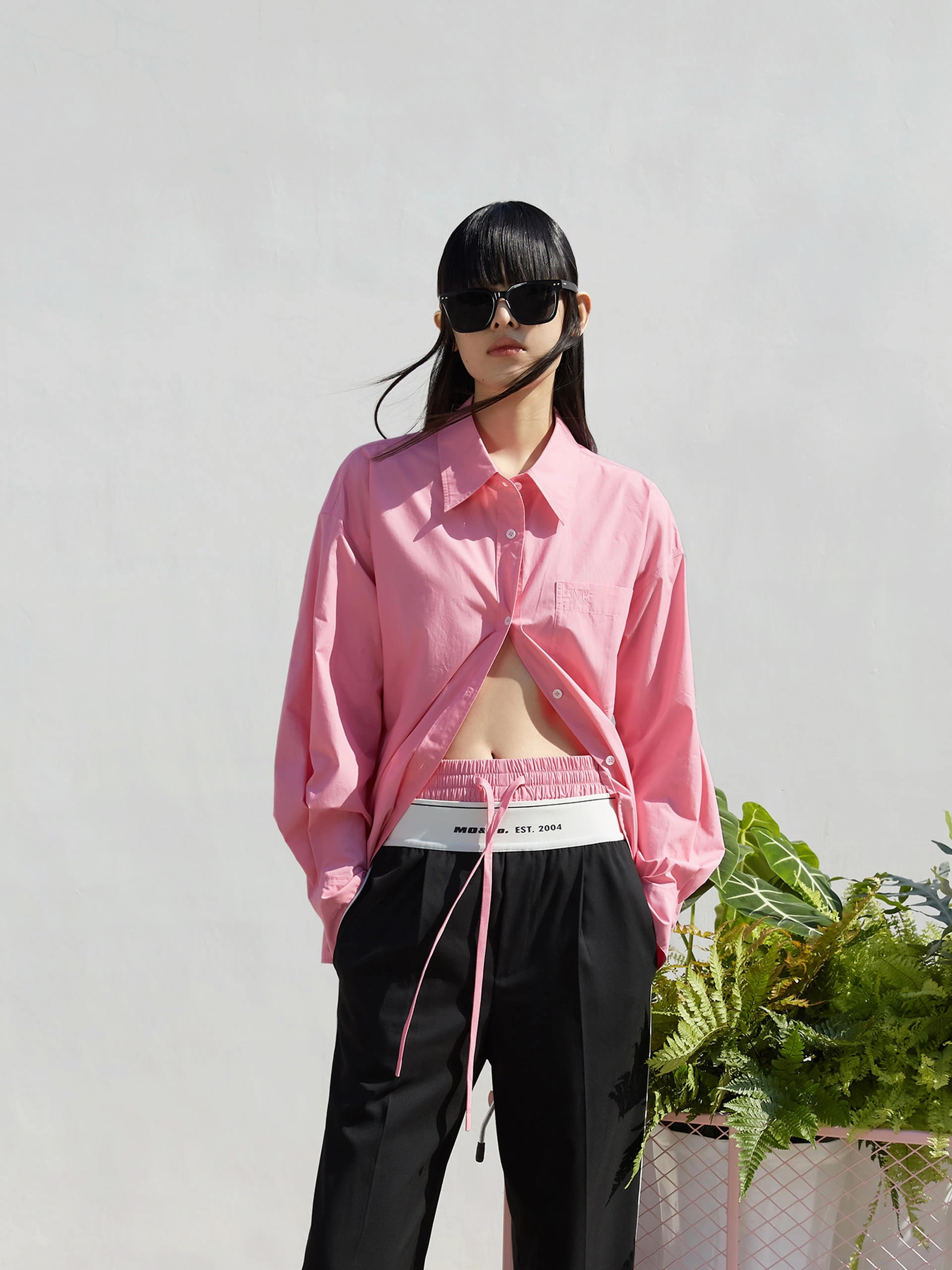 Curved Hemline Contrast Trim Cotton Shirt
