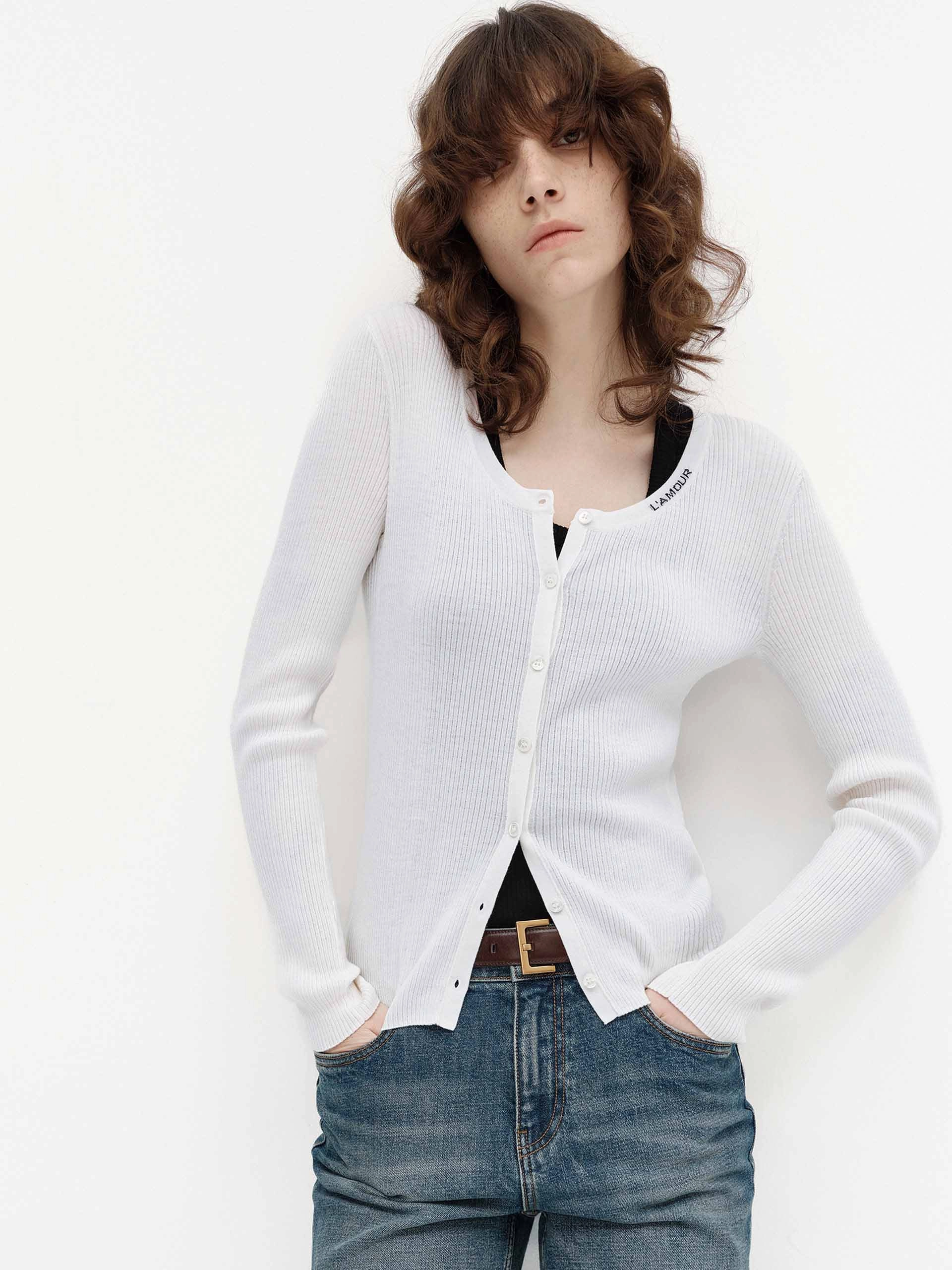 Letter Collar Wool Cardigan Layered Sleeve