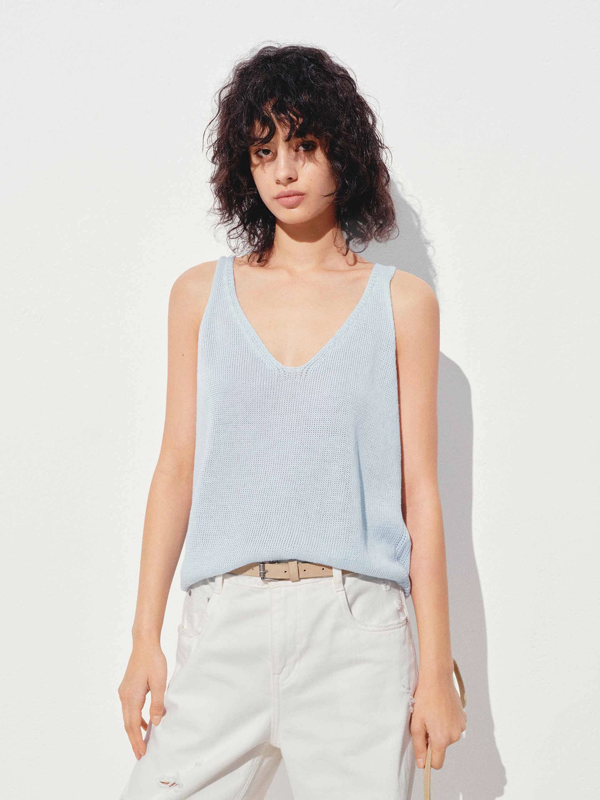 Double Layered Hem Reinforcement V-neck Linen Cotton Tank