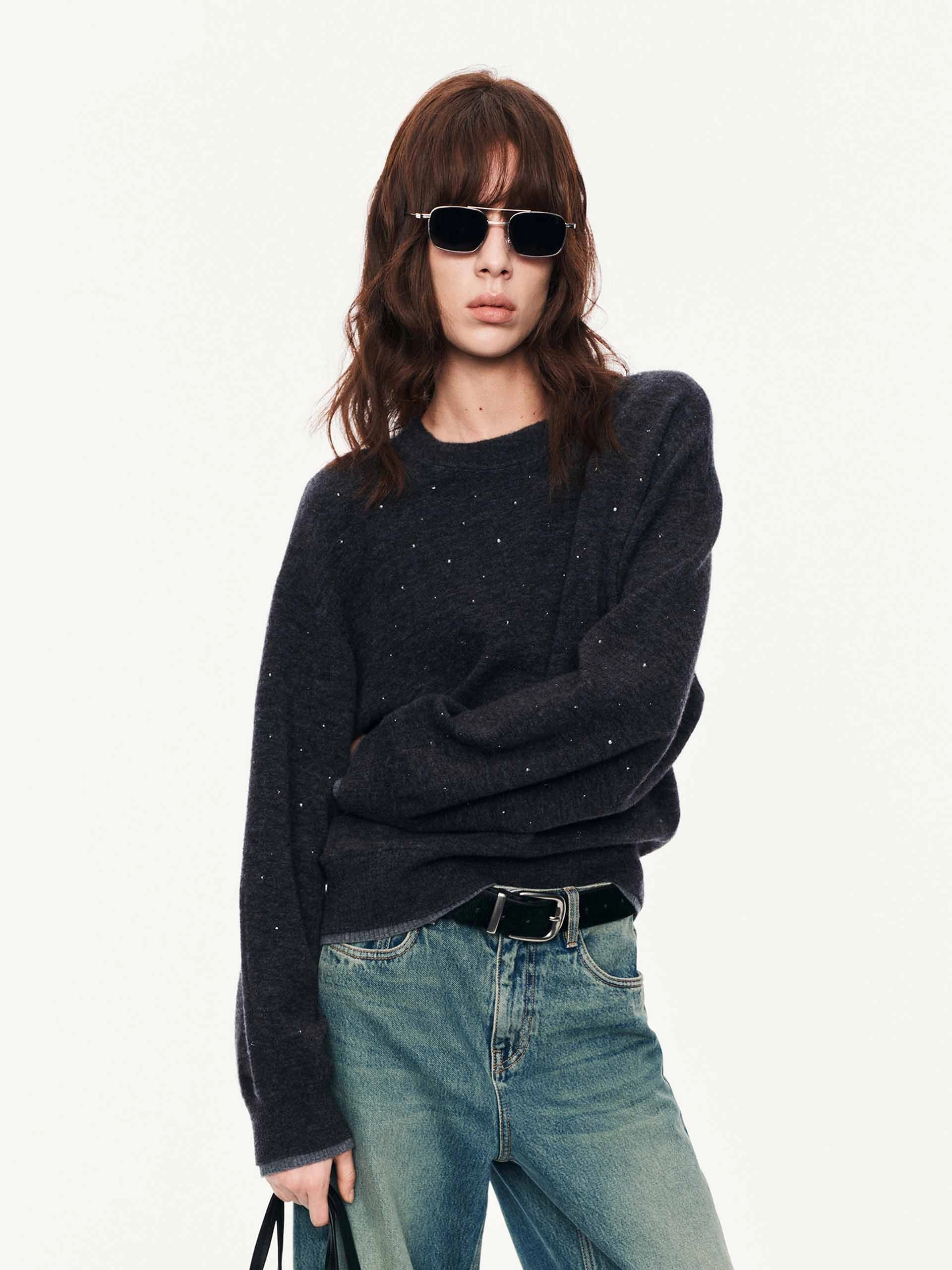 Rhinestone Wool Blend Sweater ErgonomicSleeves FullCut Shoulder