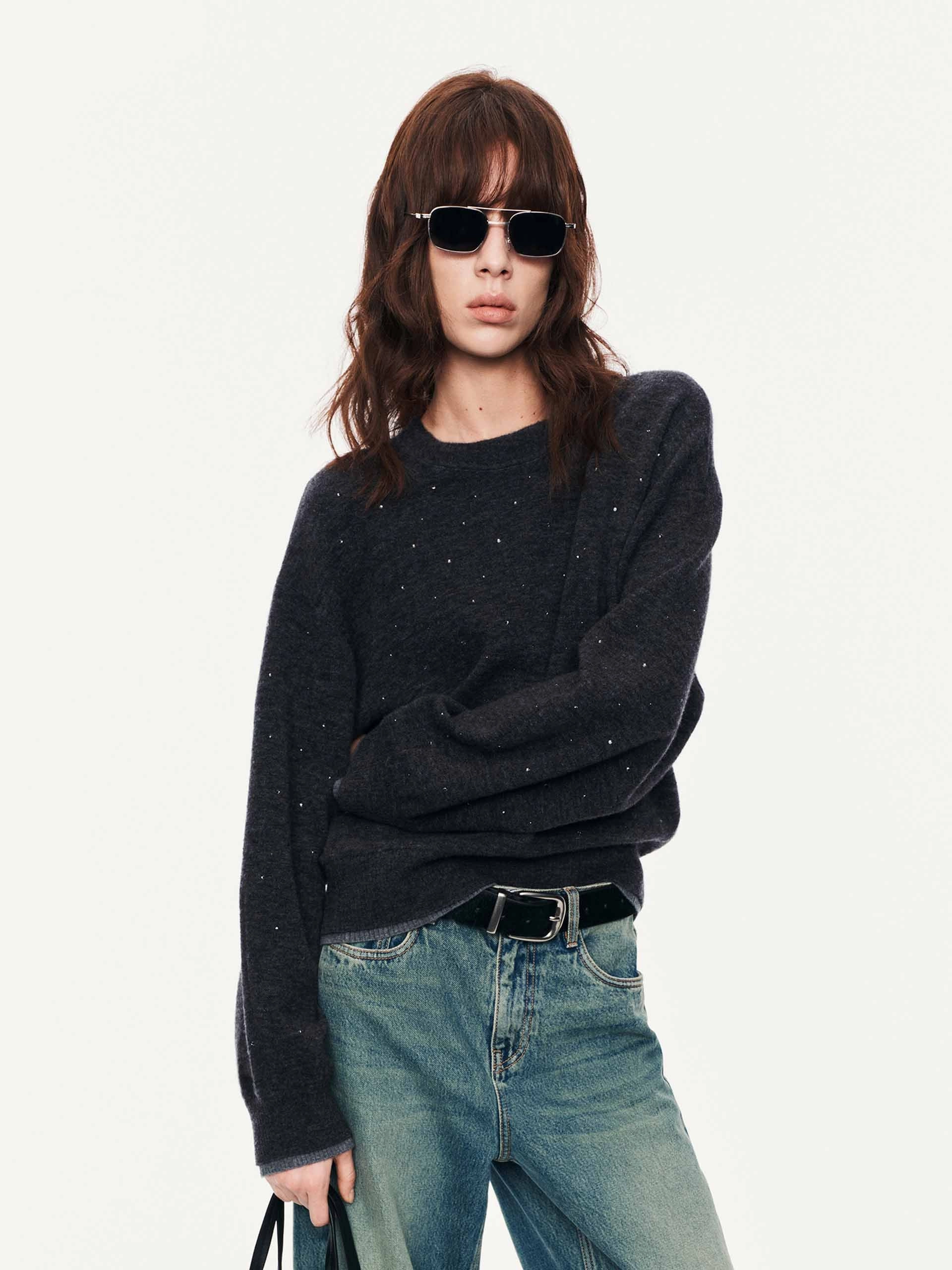 Rhinestone Wool Blend Sweater LongLastingDurability Adjustable Hemline