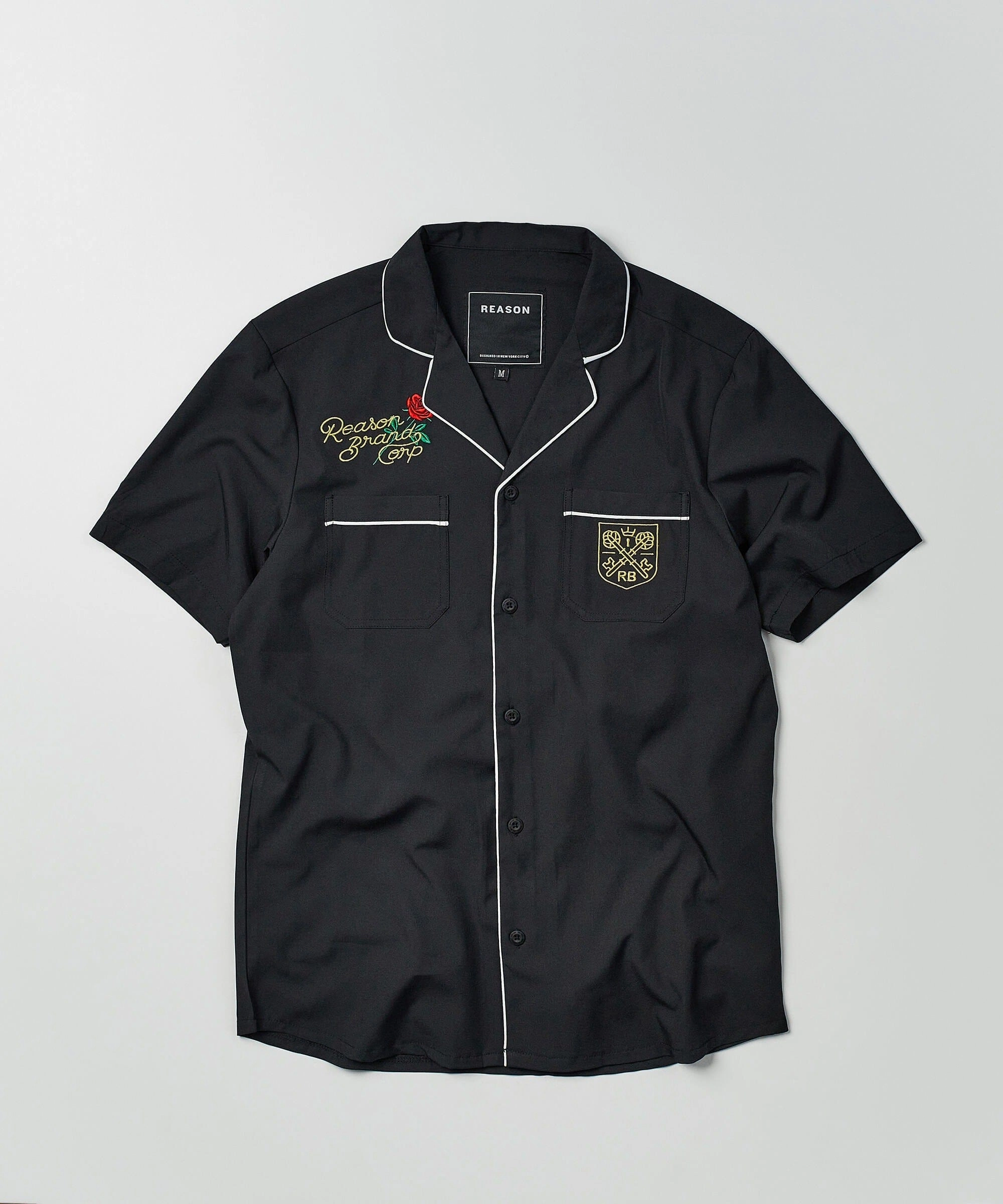 Clubmaster Short Sleeve Embroidered Button Down Shirt - Black Sustainable Manufacturing Process RaglanSleeve