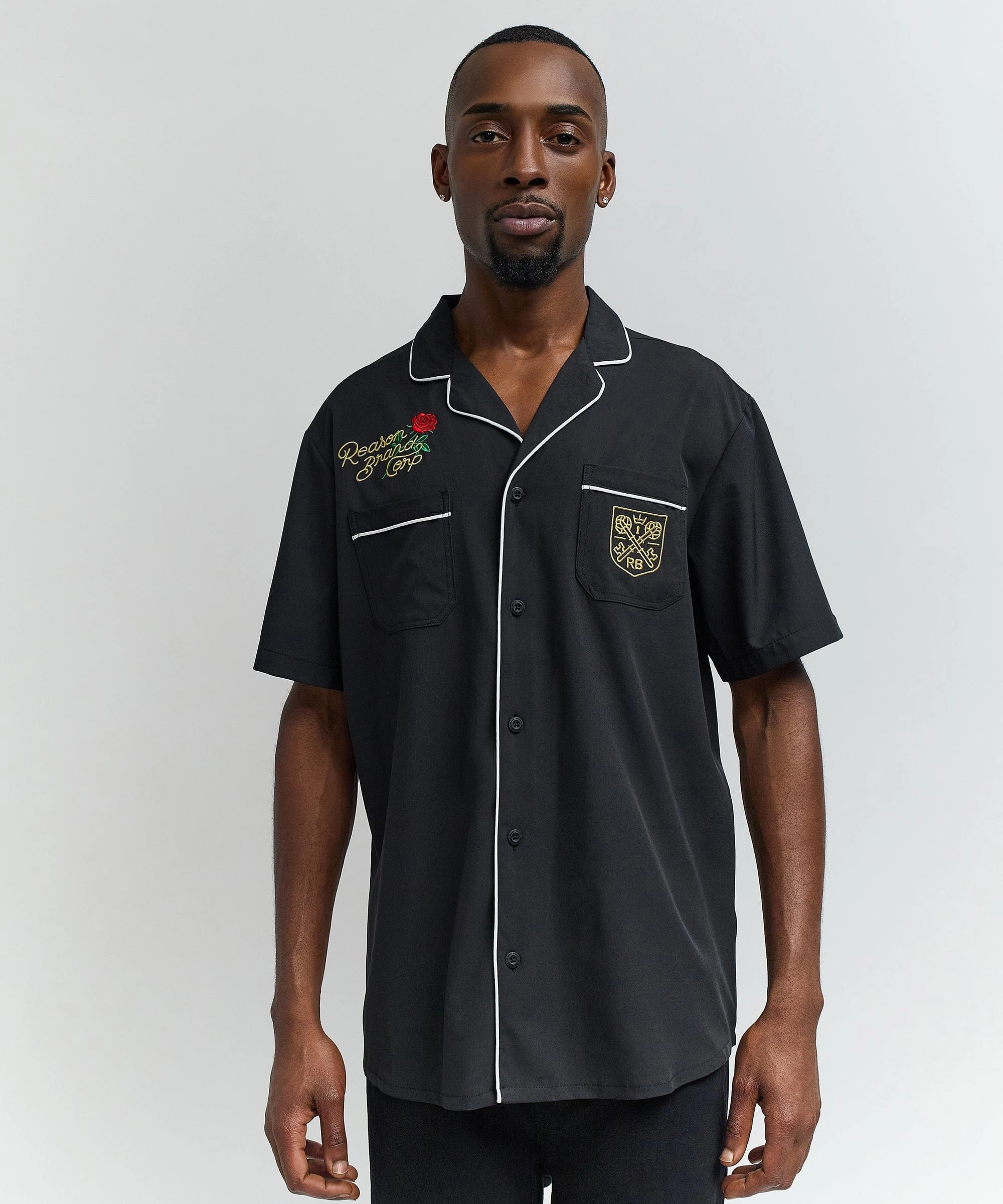 Clubmaster Short Sleeve Embroidered Button Down Shirt - Black DoubleStitchedSeams