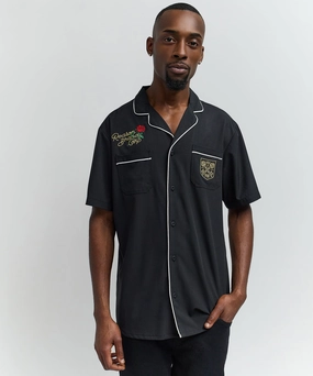 Clubmaster Short Sleeve Embroidered Button Down Shirt - Black Relaxed Blouse
