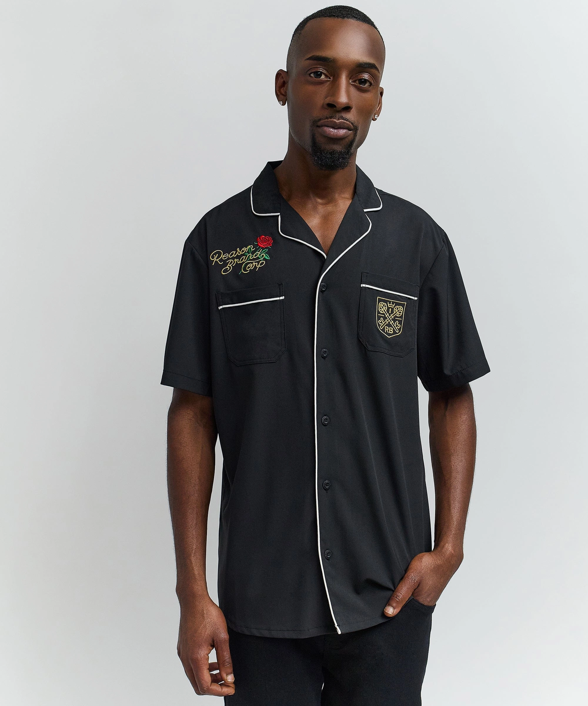 Clubmaster Short Sleeve Embroidered Button Down Shirt - Black Relaxed Blouse