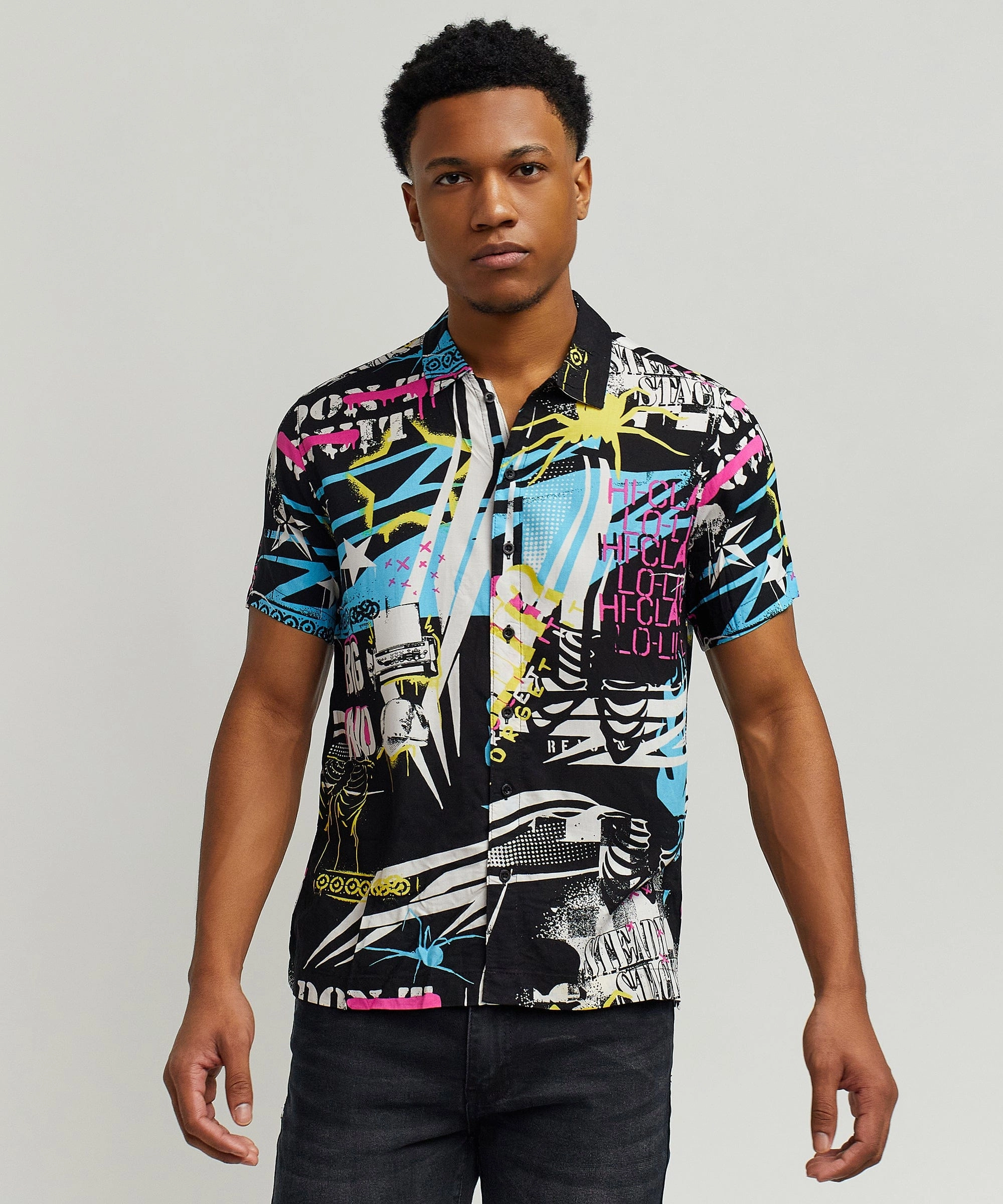 anti static coating Hydrophobic Threadwork Dont Quit Allover Print Short Sleeve Shirt