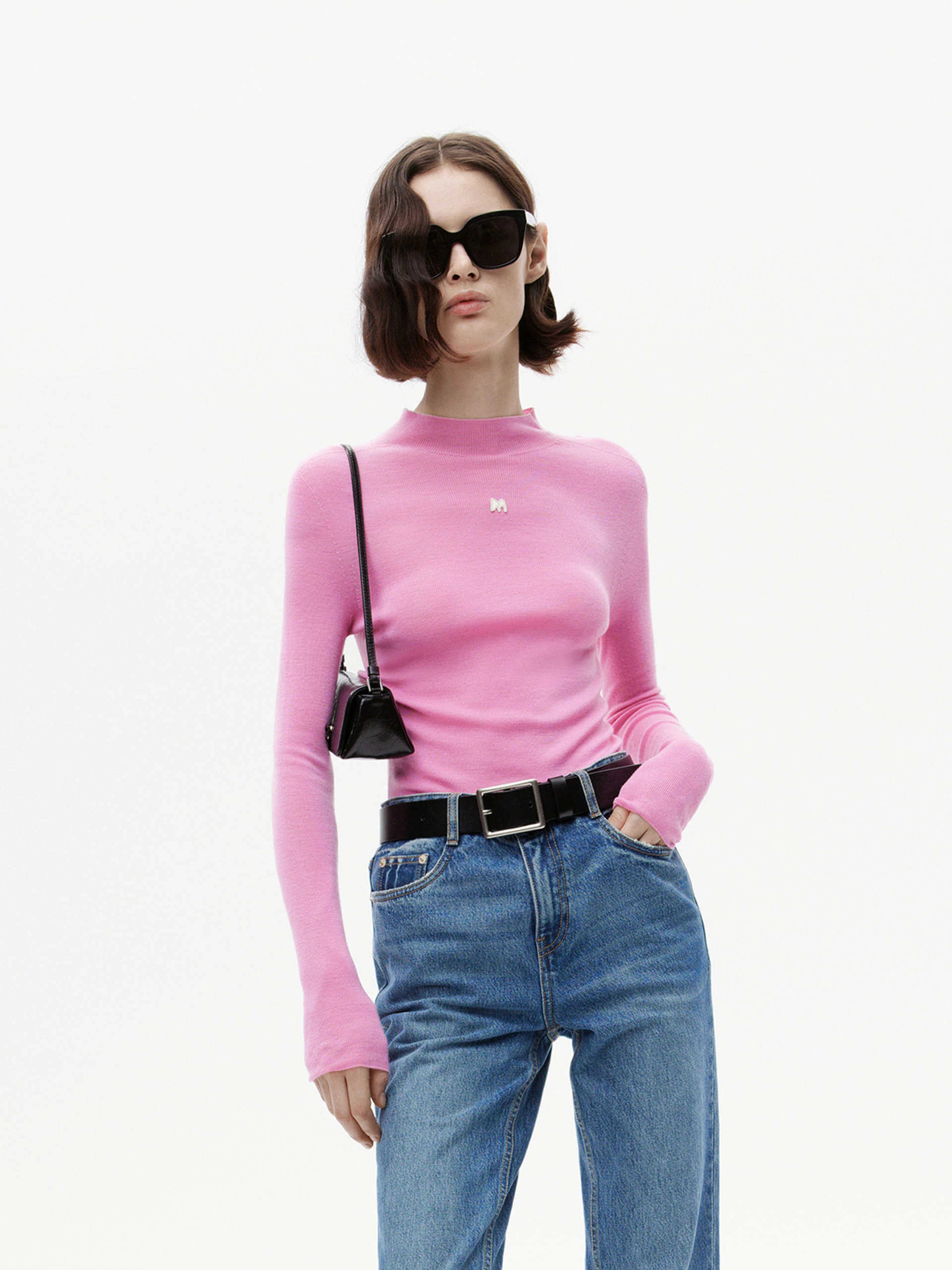 BoxyCrop Stand Collar Wool Knitted Top