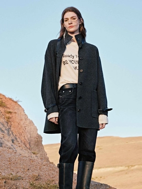 Hypoallergenic Fiber Filling Buckle Detail Wool Coat