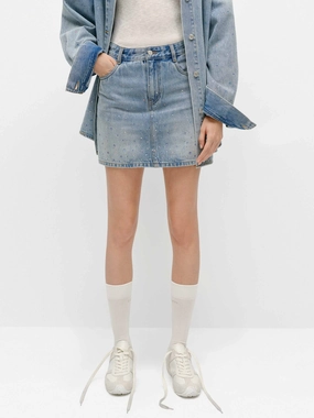 Quick Wear Fit Flexible Motion Crystal Detail Denim Skirt