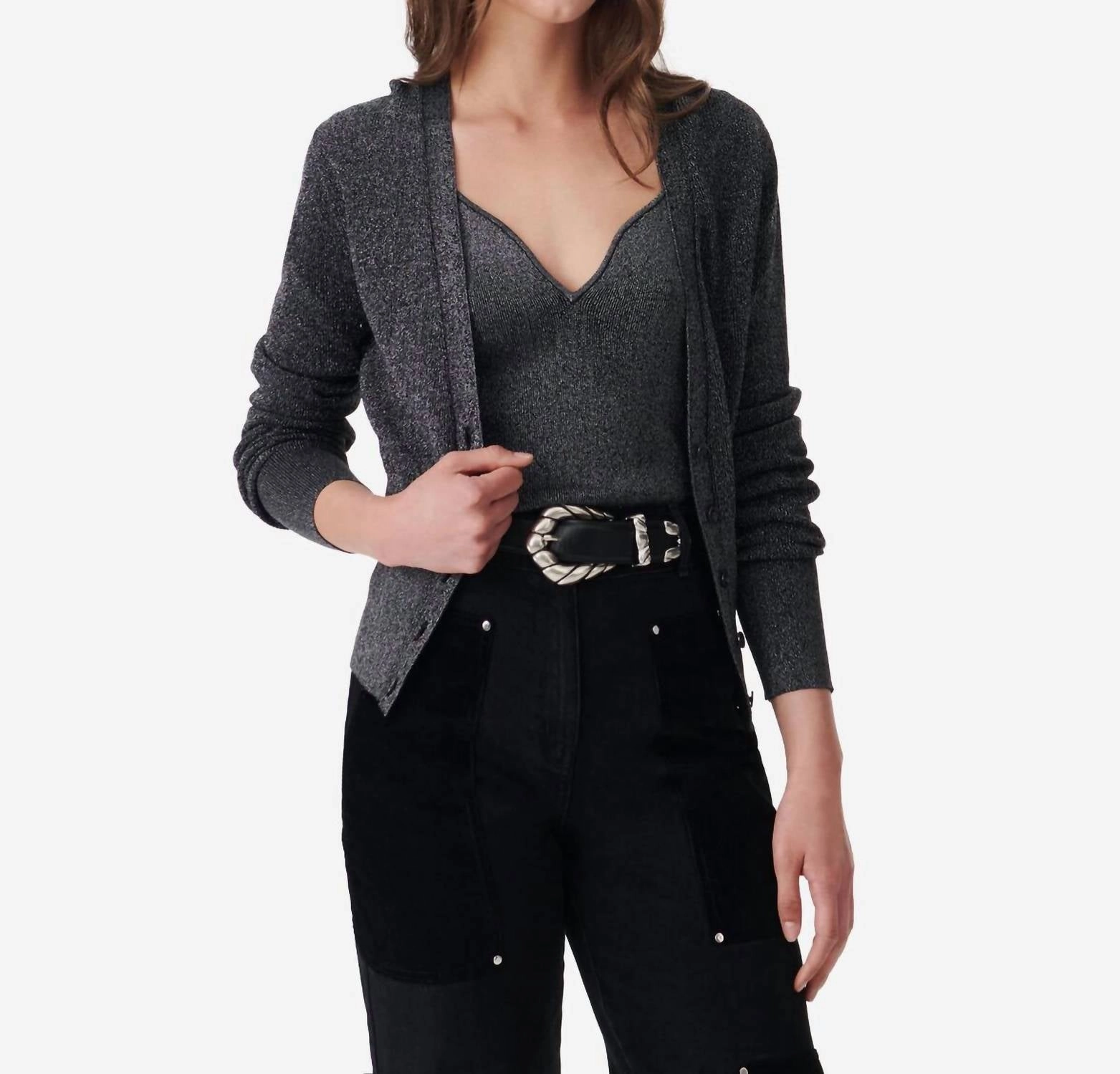 Alea Lurex Cardigan In Black Lures Textured Weave