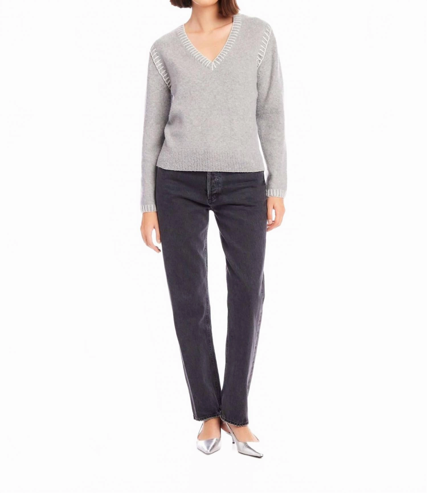 Ali Stitch V-Neck Sweater In Gray Durable Fabric