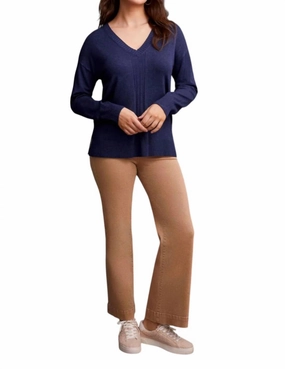 Long Sleeve V-Neck Sweater With Cables In Sapphire Curved Hemline Layered Wearable