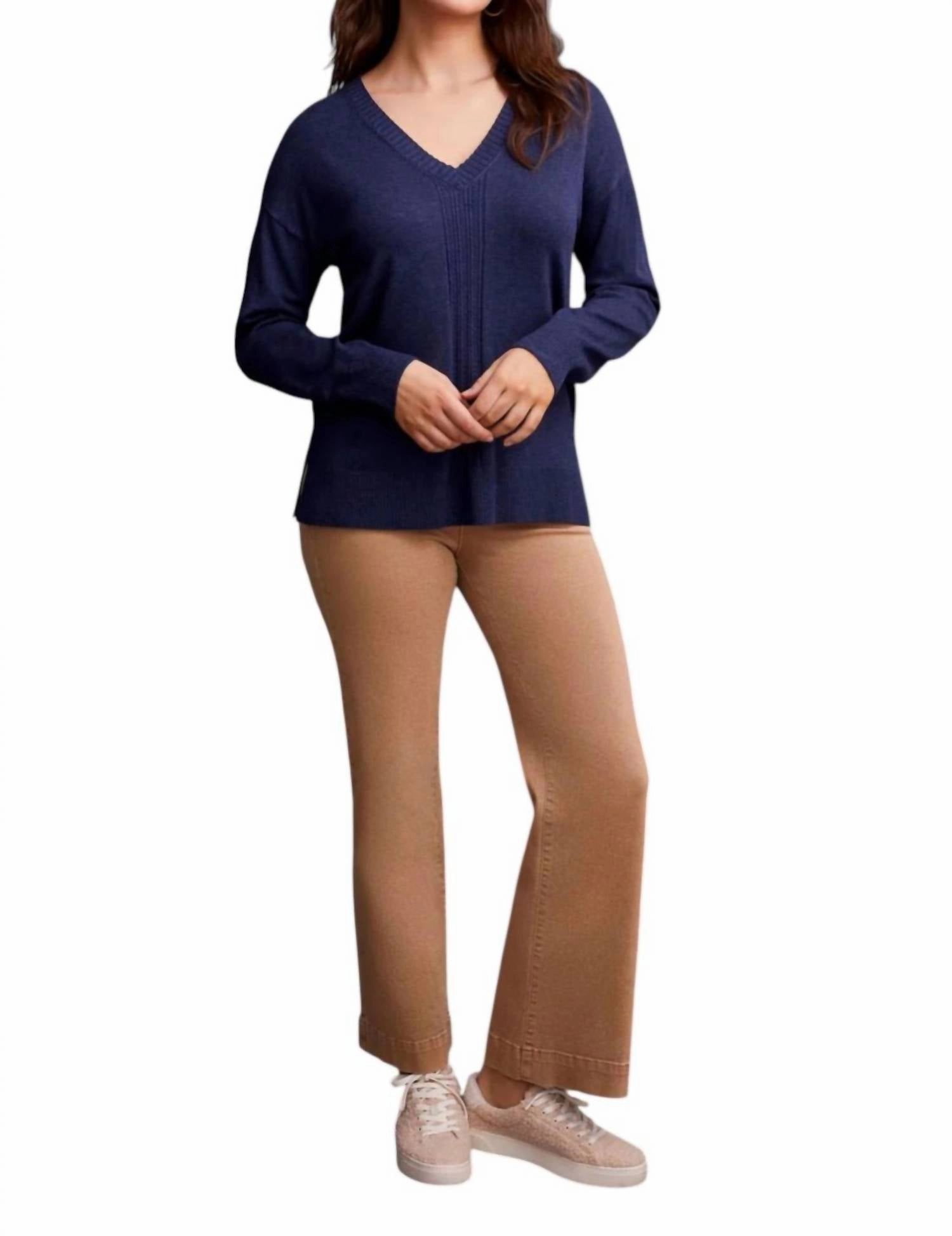 Long Sleeve V-Neck Sweater With Cables In Sapphire Cozy Apparel