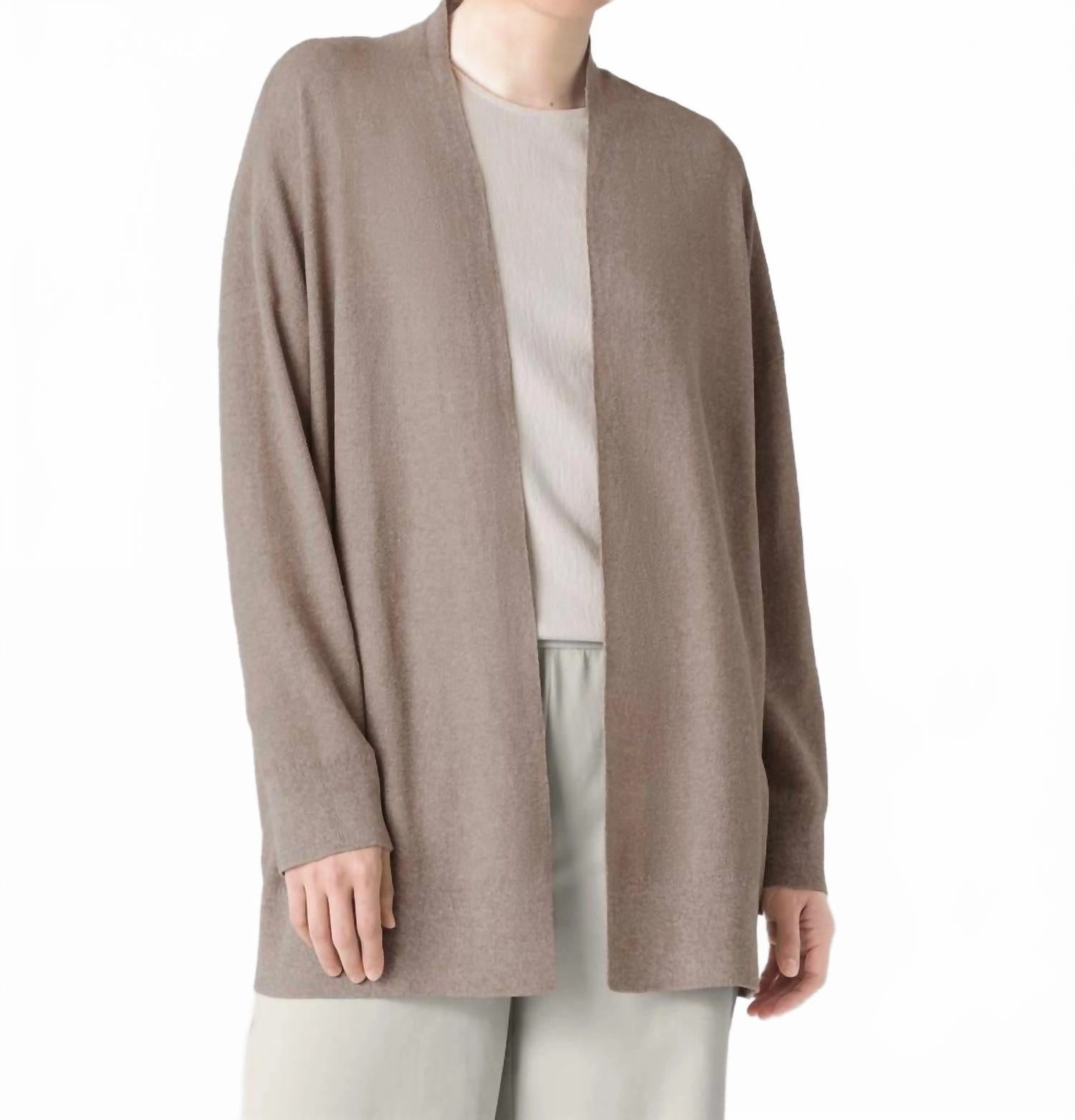 Warm Winter Wear Snug Knit Organic Linen Cotton Long Cardigan In Cocoa