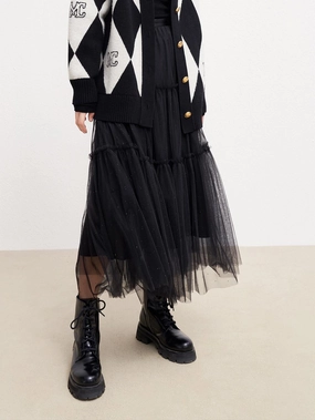 Natural Movement Rhinestone Details Tulle Skirt