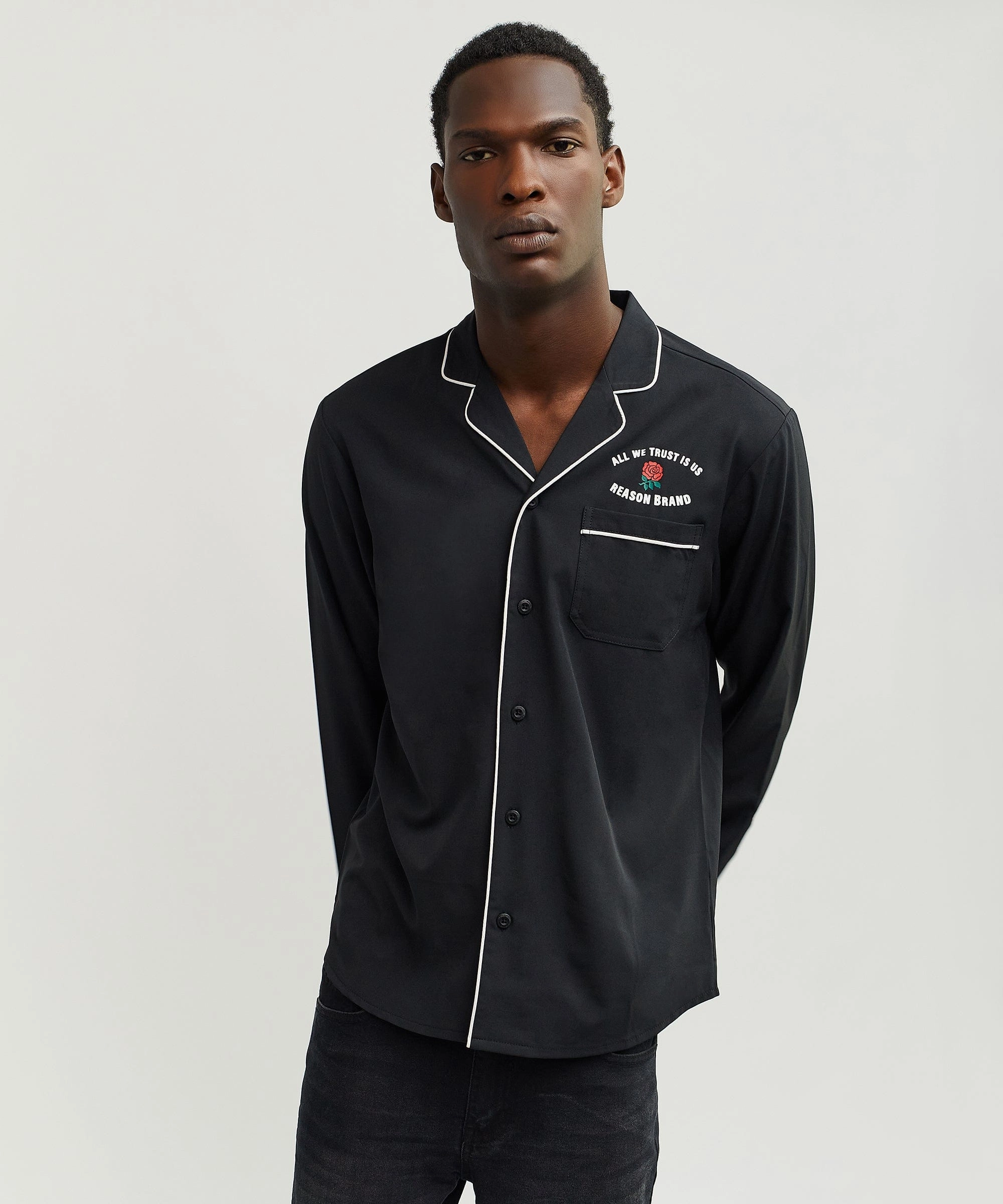 Reinforced Shoulder All We Trust Long Sleeve Woven Shirt - Black