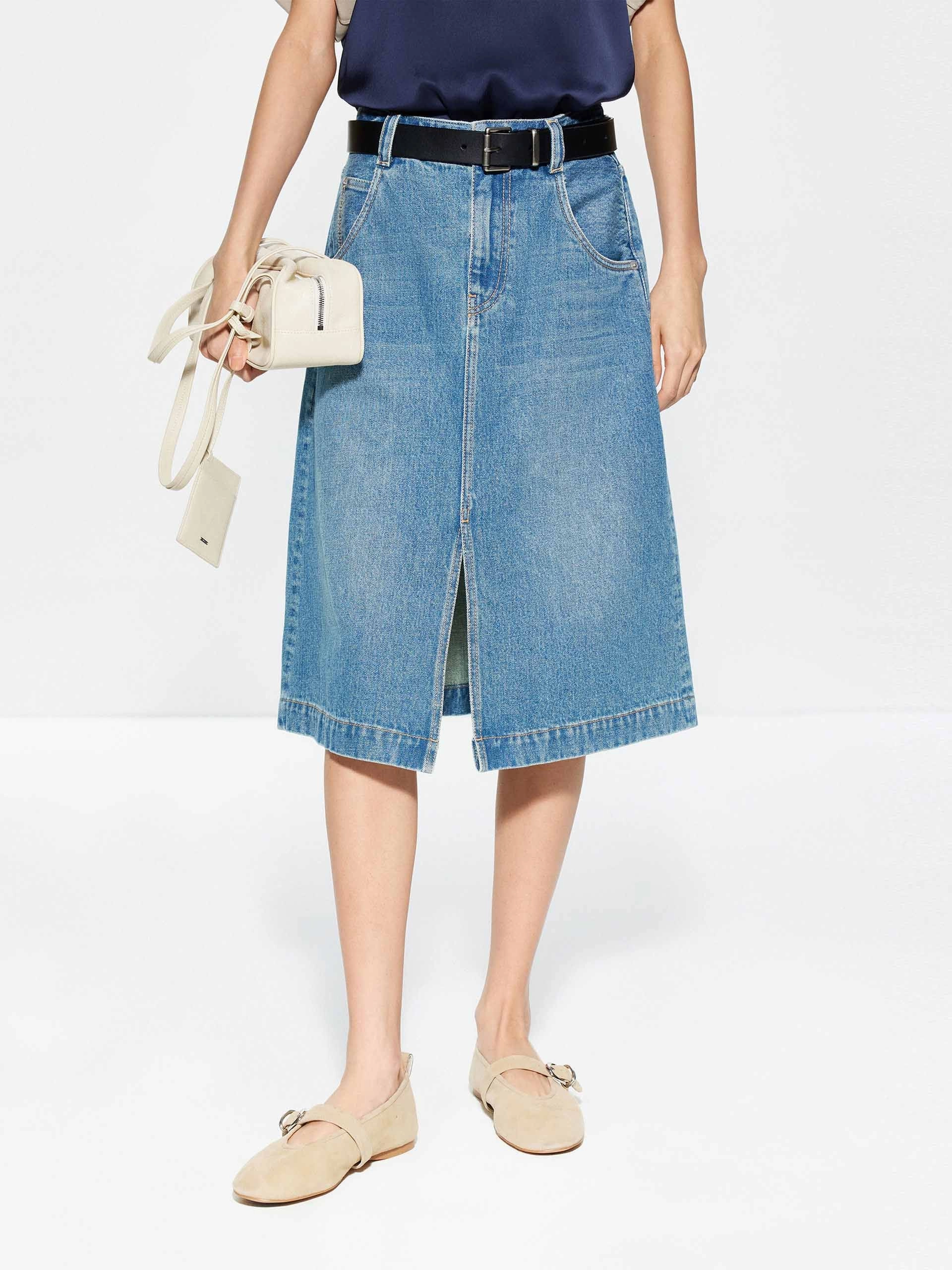 Anti Pilling Functional Look Front Slit Cotton Denim Skirt