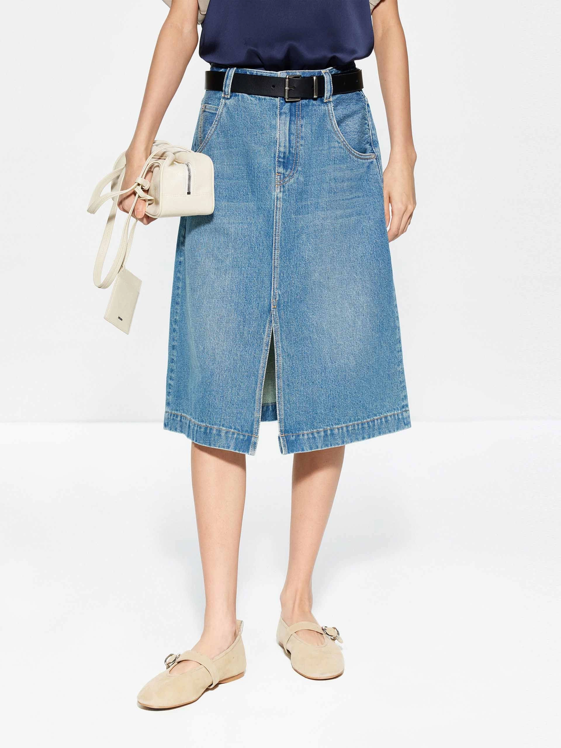 Classic Look Front Slit Cotton Denim Skirt