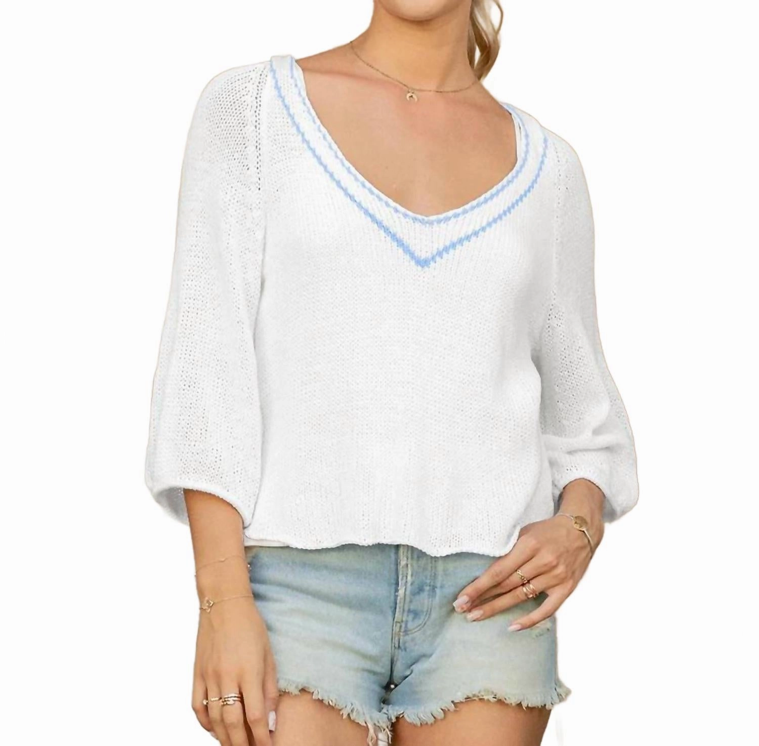 Cold Weather Fashion Fade Resistant Dye Alyson 3/4 Sleeve Sweater In Breaker White/beach Sky