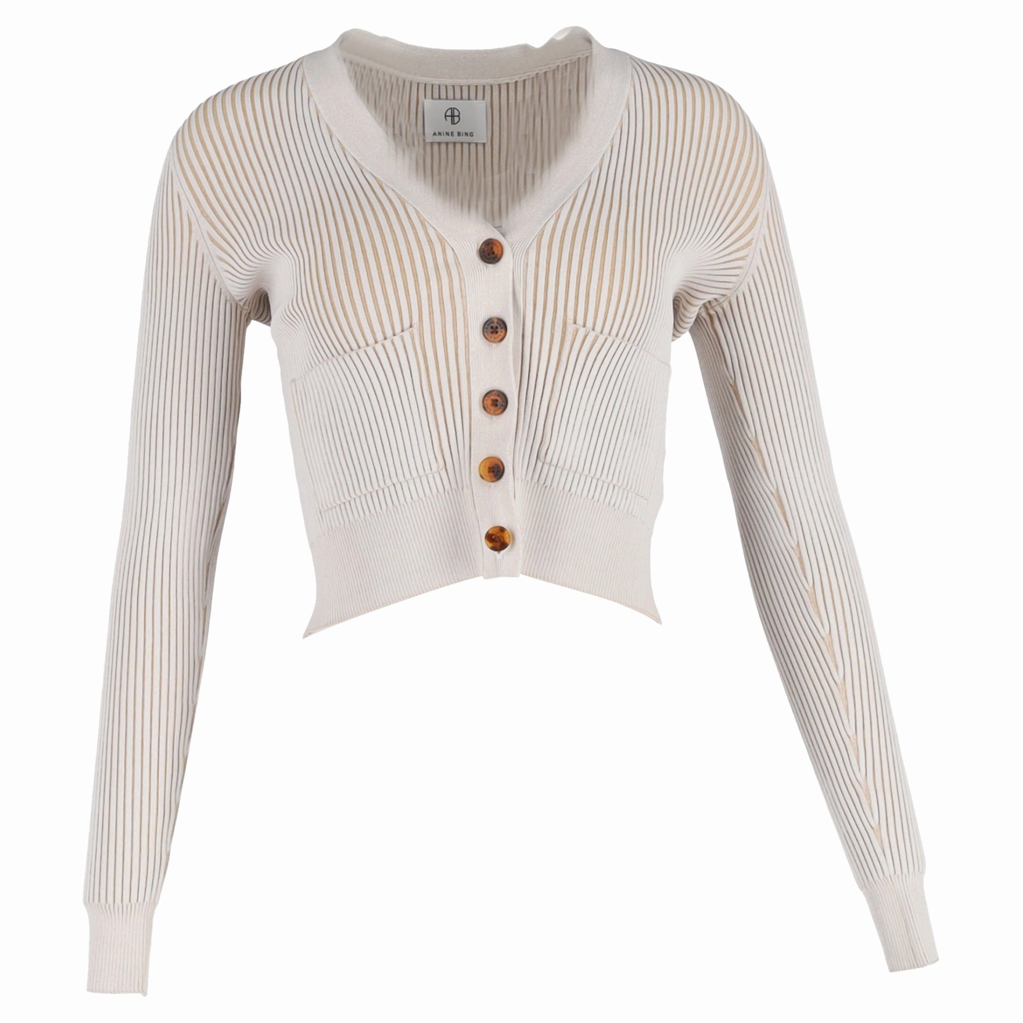 Ribbed Hem Detailing Anine Bing Layla Ribbed Button Cardigan in Beige Rayon