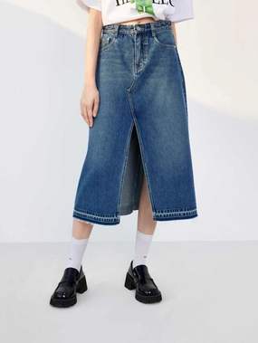 Anti Chafe Lining Elastic Cuff Slit Front Midi Denim Skirt