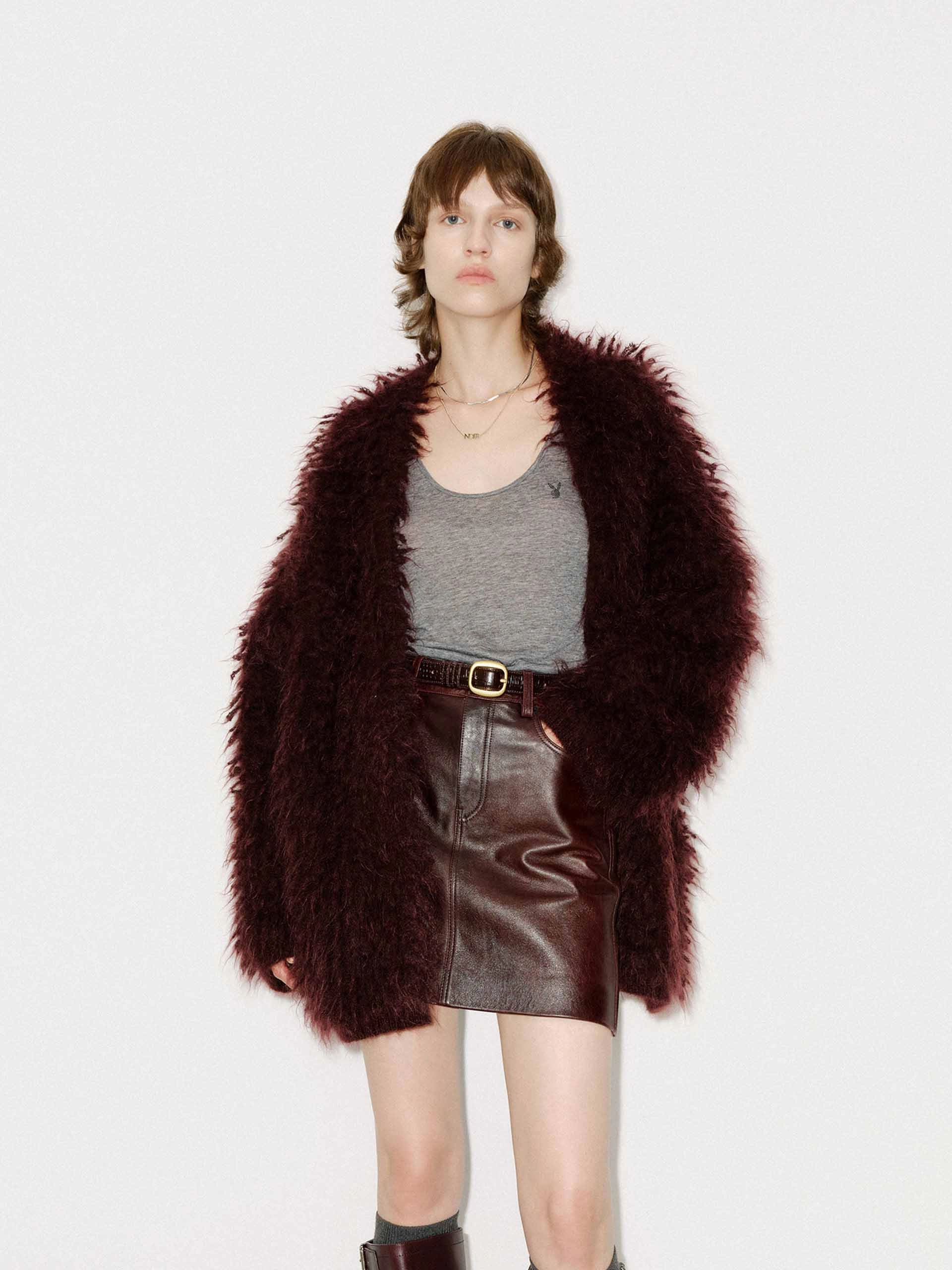 Loose Fuzzy Cardigan Reinforced Neckline