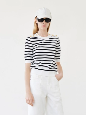 Layered Ventilation Zones Microfiber texture Button Striped Knit Top