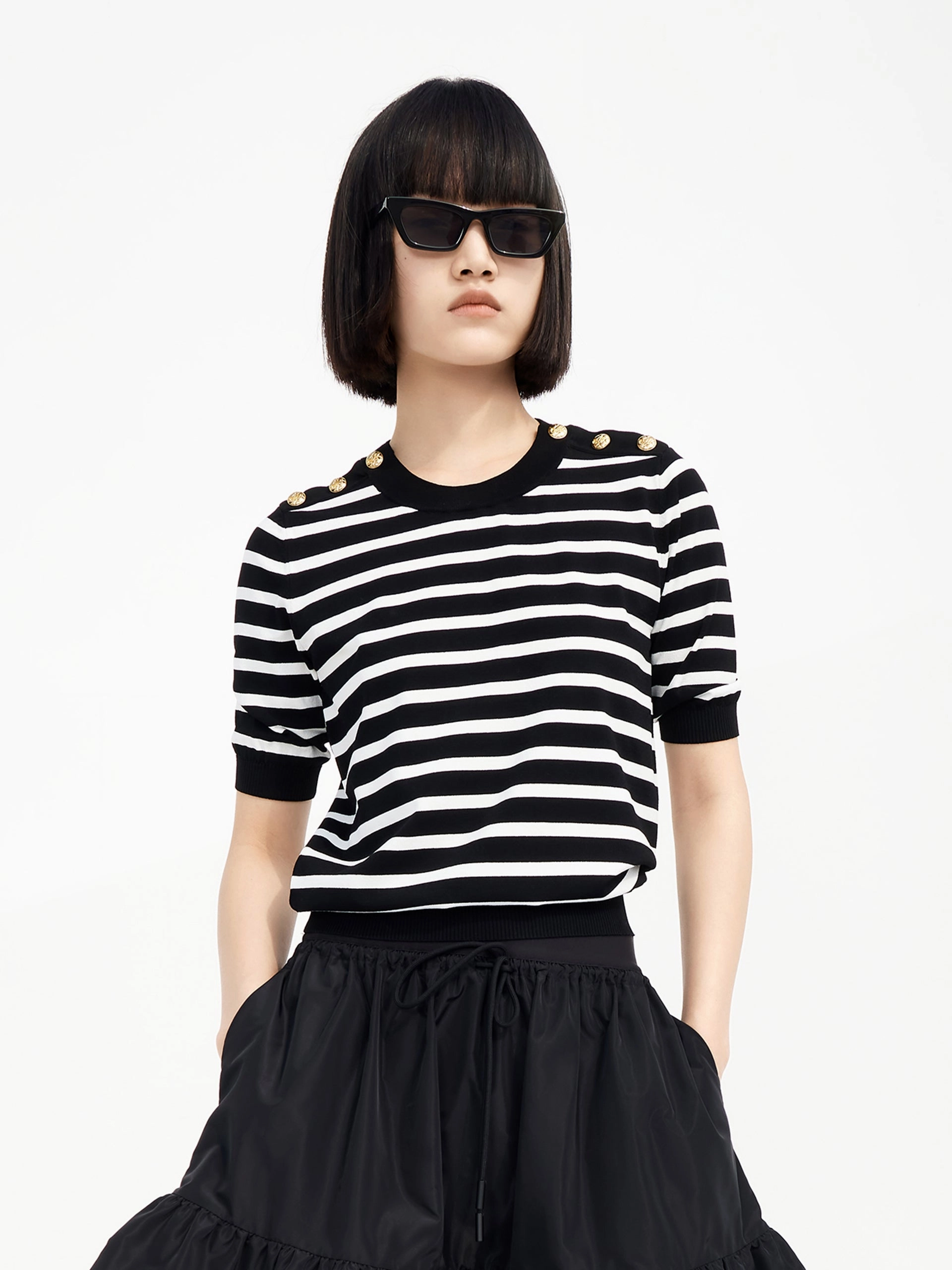 Button Striped Knit Top LowProfileSeams Stylish T-shirt