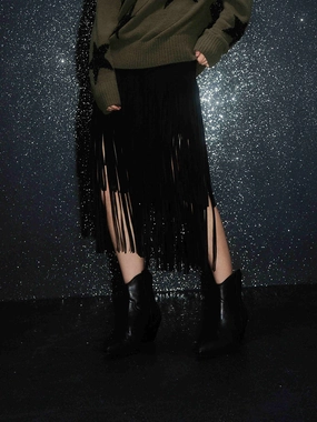 Raw edge Breathable Stretch Fringed Detail Midi Skirt