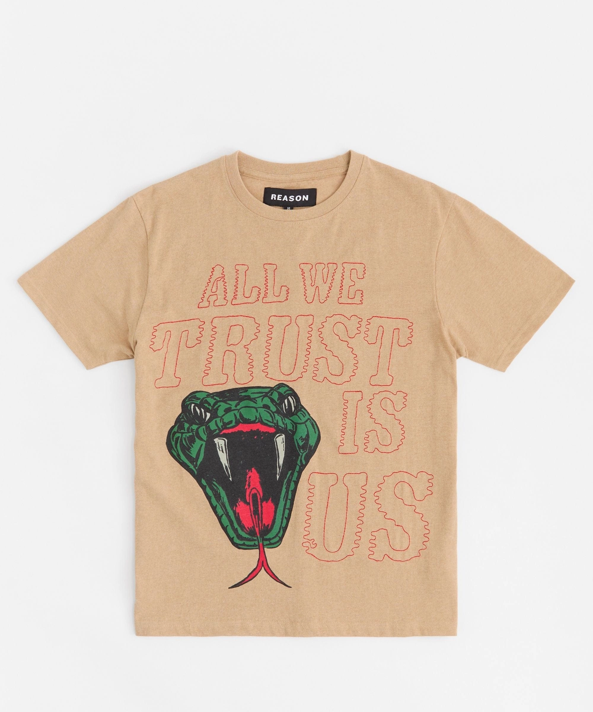 All We Trust is Us Embroidered Short Sleeve Tee - Khaki AntiFade Treatment