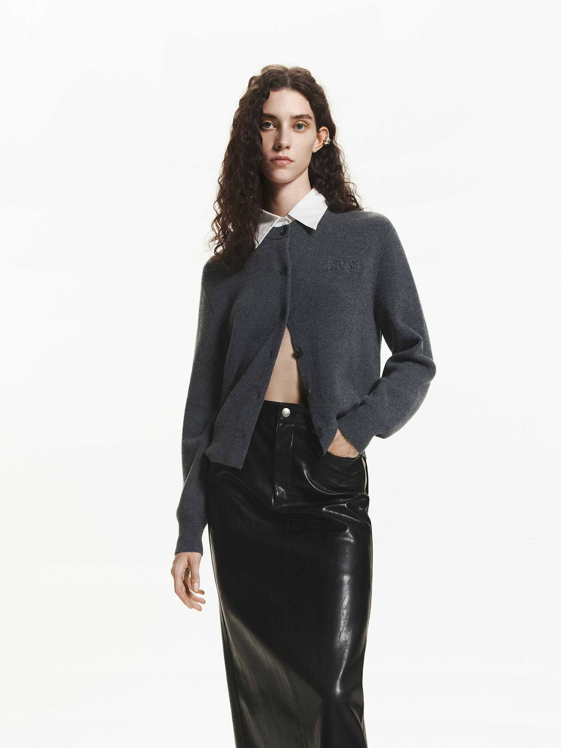 Contrast Collar Wool Cardigan NonChafe Lining